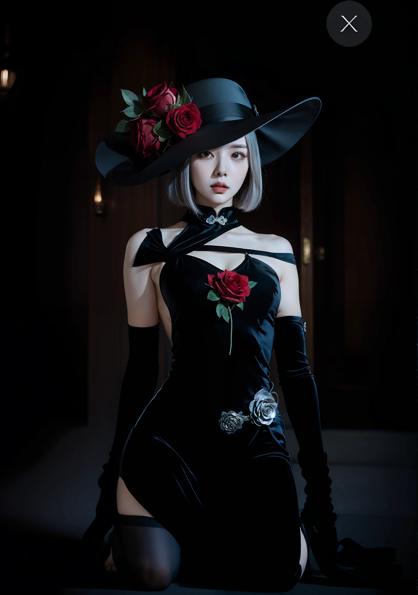 "4k, full body, an assassin, cos original drawing, rose, black young lady's hat, short silver hair, black cheongsam, bare shoulders, perfect portrait, perfect figure, noblewoman, silk satin, black stockings, black boots, kneeling, afraid."