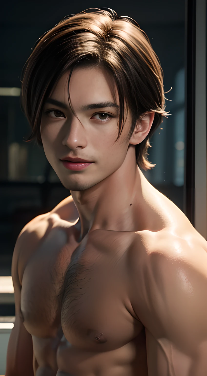 handsome muscular man who looks like Leon kennedy of Resident Evil, (wear men's bikini), mischievous smile, (small details: 1 in 1), natural muscles, higher quality, beautiful eye, (Detailed face and eyes), (face、: 1 of 2), noise, real pictures、... ...PSD, Sharp Focus, High Resolution 8k, Real & Professional Photography, 8K UHD, Soft Lighting, High Quality, Film Grain, FUJIFILM XT3