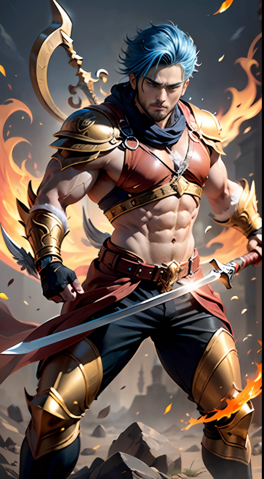Best quality: 1.3), (Masterpiece: 1.3), (Realism: 1.4), (Detail: 1.1), young, handsome, mighty, blue hair, short hair, eyes with gods, sword eyebrows, high nose, thick lips, resolute expression, red pattern on the face, delicate and perfect face, ultra-fine details, flame-like hair ornament, red vest, black pants, red belt, wearing combat boots, tall, strong, muscular, golden armbands on arms, holding a square halberd, animal claws on both feet, overflowing with divine power, man in heaven, mythological background