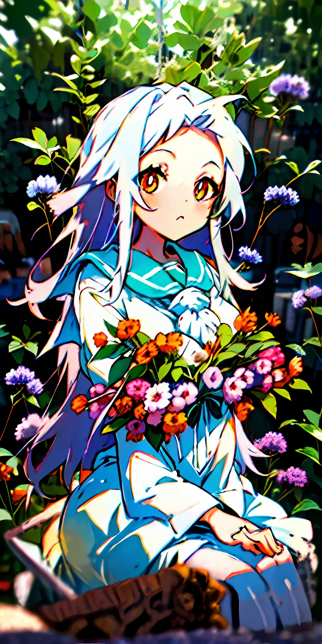 {"prompt": "(masterpiece, best quality), she sits in a field of purple plants and flowers, long white hair, hands under chin, warm lighting, white sailor suit, blurred foreground, different pupils", "product": "original illustration collection"}