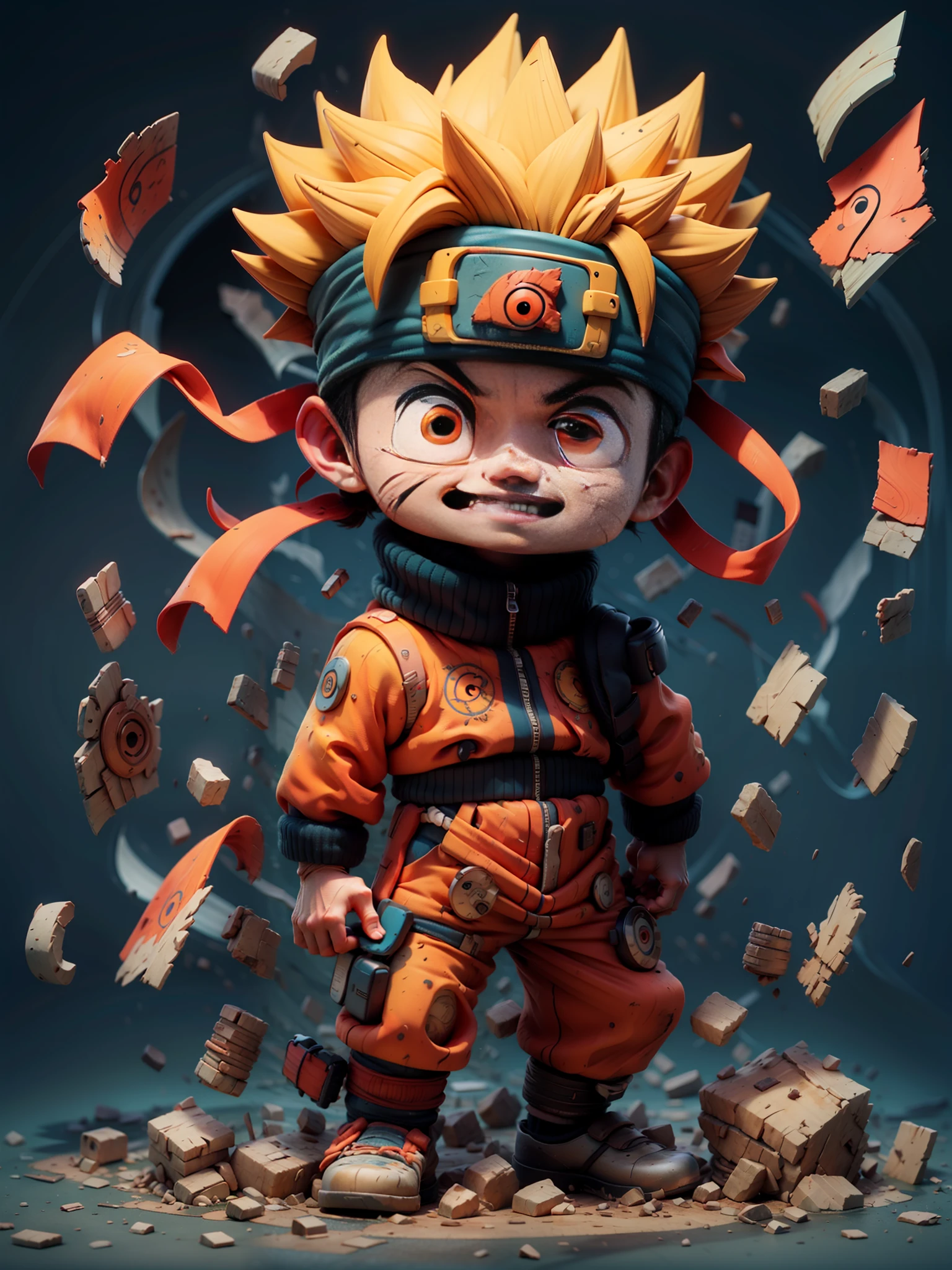 masterpiece, best quality, ultra-detailed, Adult Gohan 1boy, solo, Full body, evil smile, Gold glowing hair, spiked hair, (((red eyes))), (((perfect eyes))), ))), full body, looking at viewer, male focus, earth \(planet\), planet, cracked ground and lots of rocks rising up, lots of debris going up, perfect hands . Cute, chibi, wearing tattered tank shirt and toren clothing, full body glowing gold aura, dark