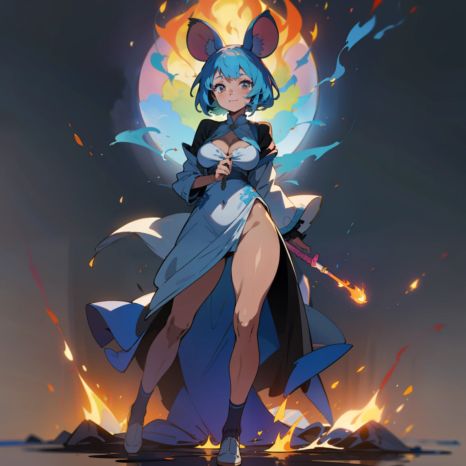 court jester dress, large thighs, blue mouse ears, blue mouse tail, blue hair, dark skin, mouse ears, Alone, happy look, animated look, closed mouth, calm look, large breasts, holding torch with rainbow flames, 1 girl, dark skin tone, adult, tall, standing up, white eyes, bright eyes, high detail, battered clothes, medium bust, Burnt clothes, blue mouse ears, background fire, full body