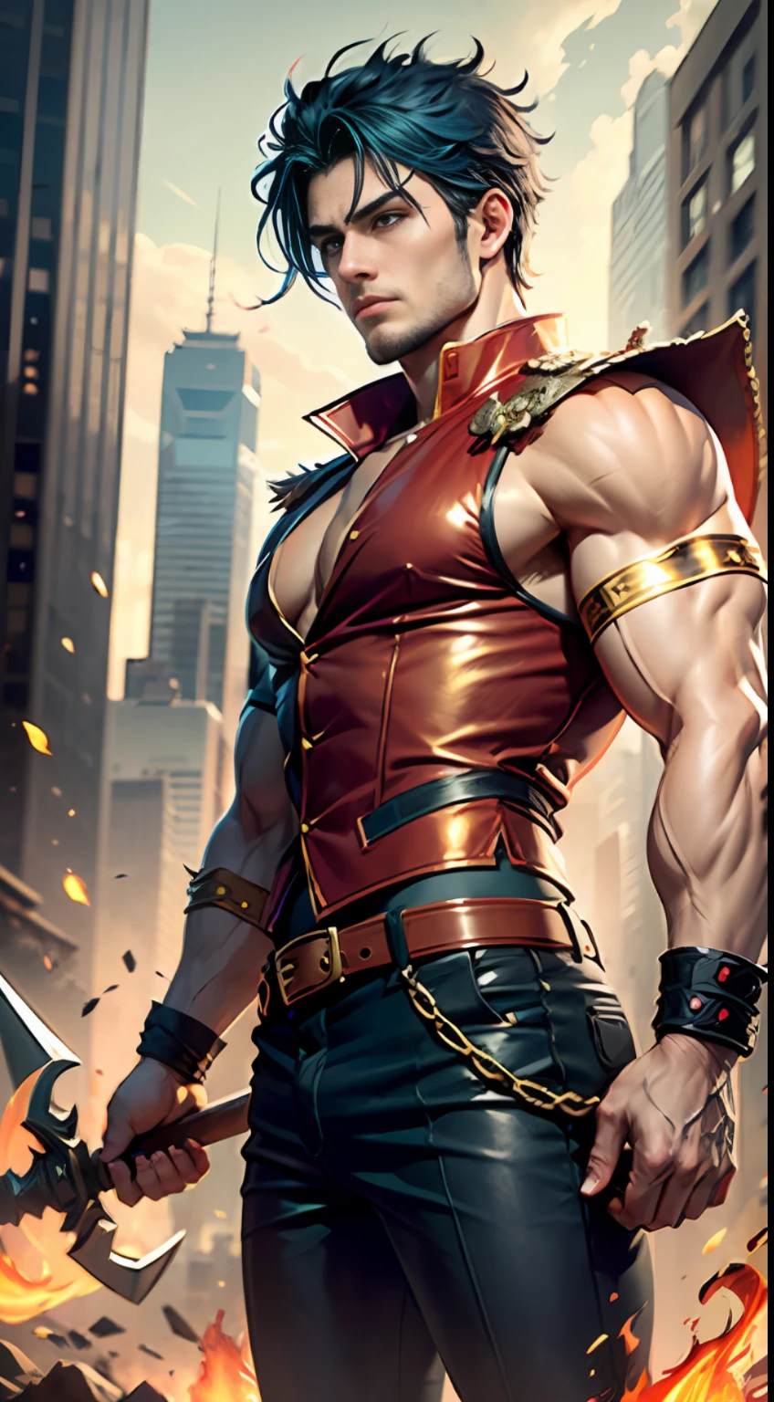 Best quality: 1.3), (Masterpiece: 1.3), (Realism: 1.4), (Detail: 1.1), young, handsome, mighty, blue hair, short hair, eyes with gods, sword eyebrows, high nose, thick lips, resolute expression, red pattern on the face, delicate and perfect face, ultra-fine details, flame-like hair ornament, red vest, black pants, red belt, wearing combat boots, tall, strong, muscular, golden armbands on arms, holding a square halberd, animal claws on both feet, overflowing with divine power, man in heaven, mythological background