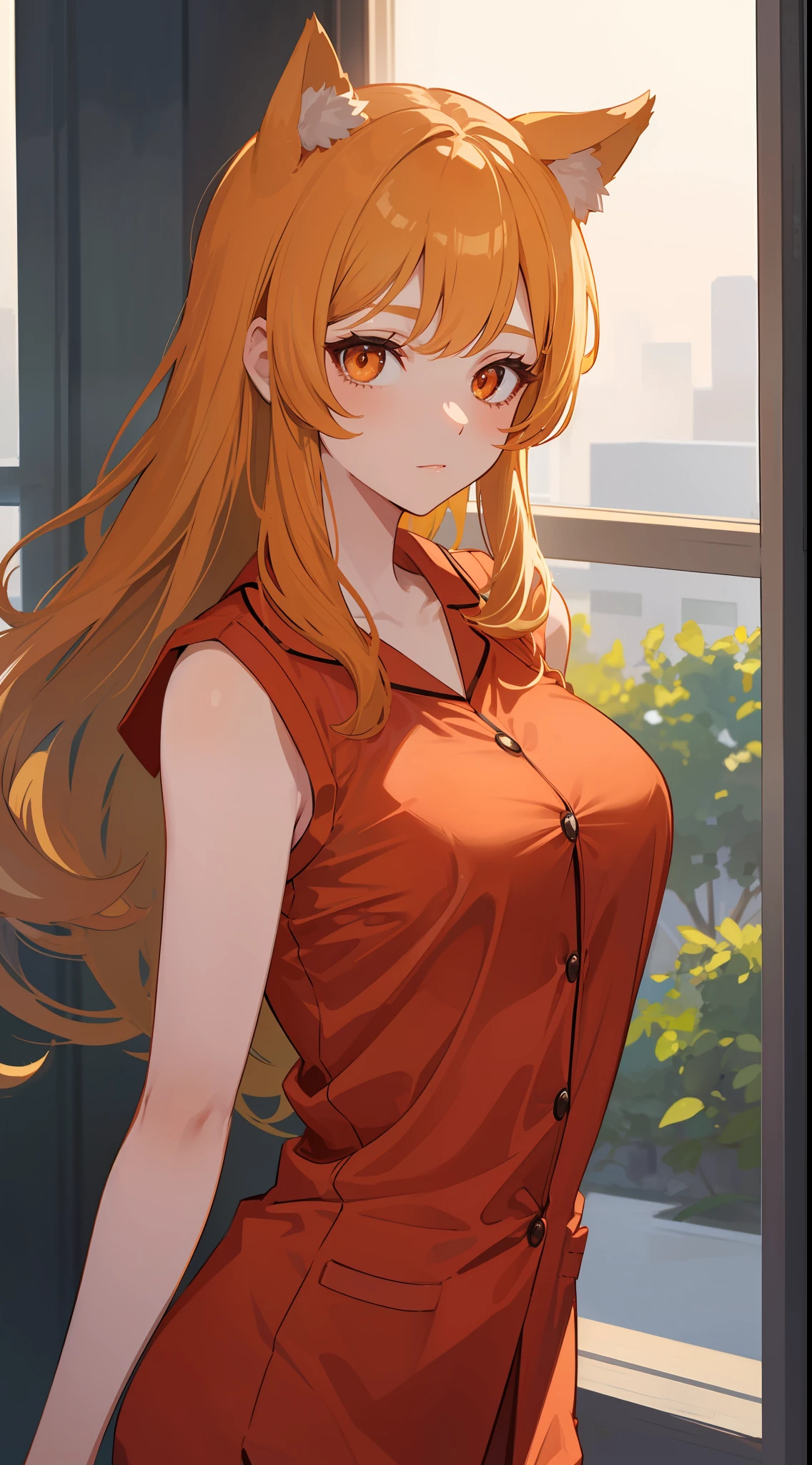 1girl, wearing a pajamas, orange long hair style modern style, sharp orange eyes, she have a cat ears, beautiful colour grading, her body like a milf with super medium boobs, and little bit sexy, then her hair was blown by the wind, she stood in front of the open window ((27 year old face)) ((no multiple people))