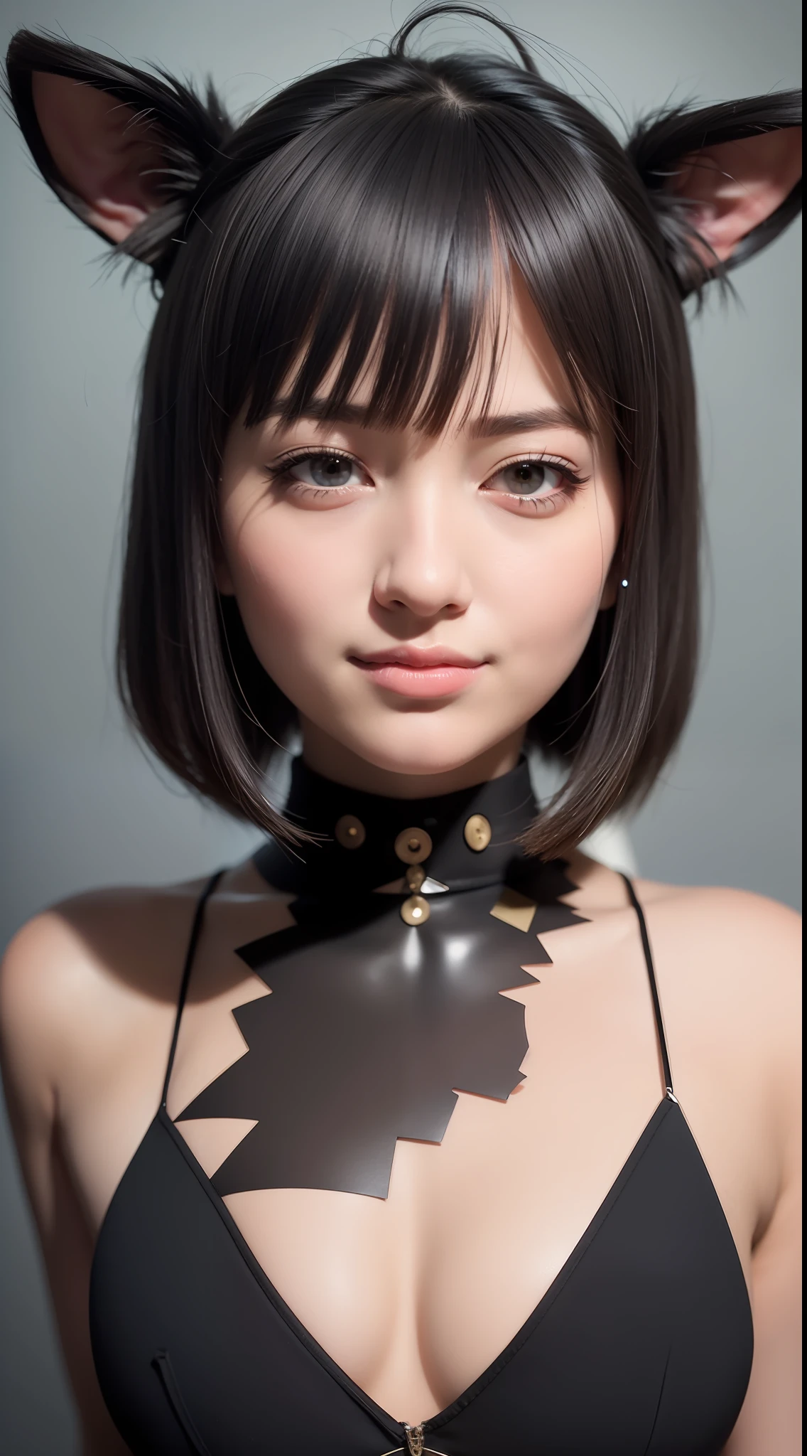 1girl, solo, black hair, hair bobbles, wince, longeyelashes, solid circle eyes, fake animal ears, light smile, ear blush, fang, Surrealism, drop shadow, anaglyph, stereogram, tachi-e, pov, atmospheric perspective, 8k, super detail, ccurate, best quality, UHD, masterpiece, anatomically correct, award winning, highres, 1080P, HD, 4K, 8k, realistic, ultra-realistic, uppon body