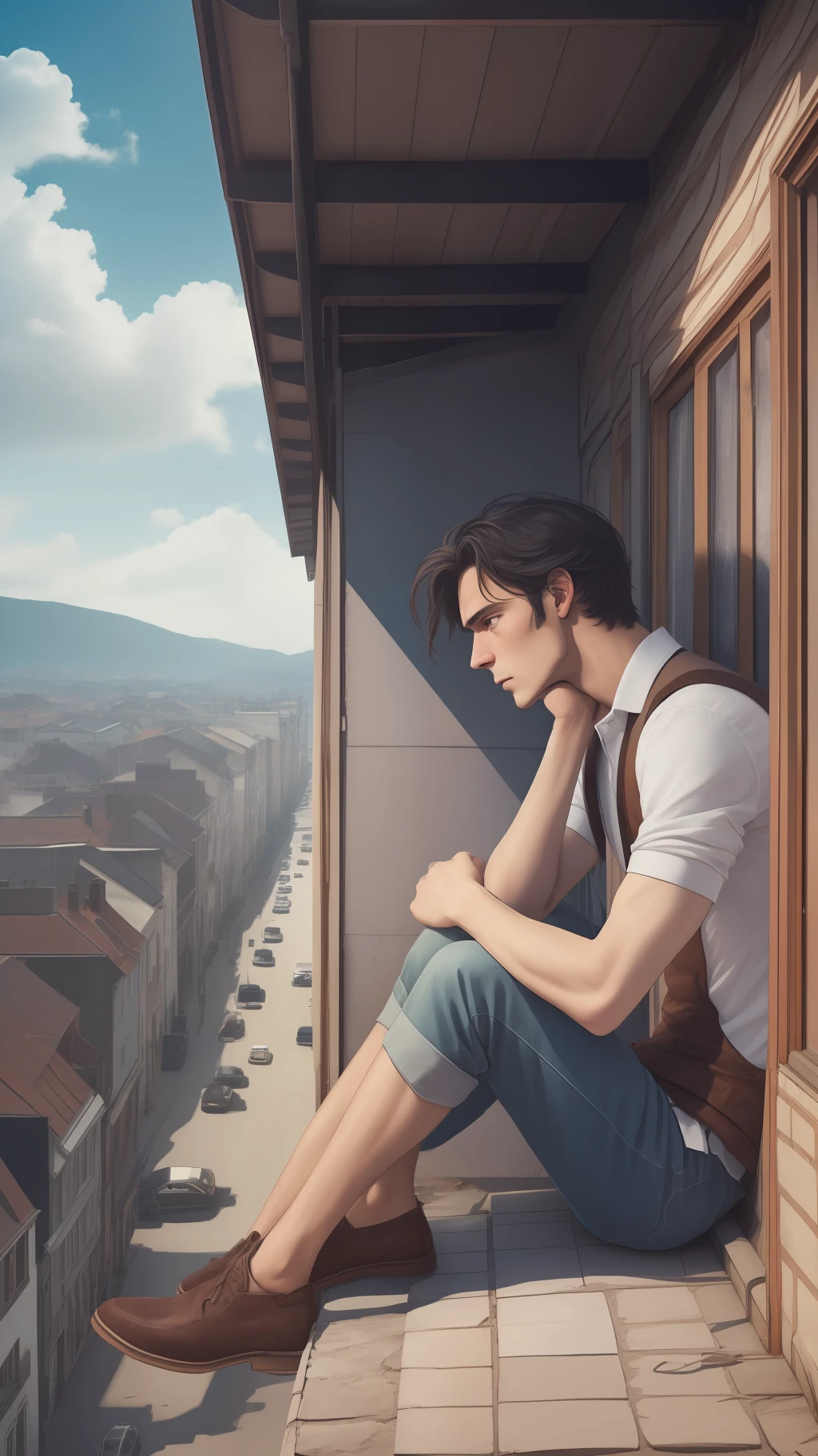 Blue sky, white clouds, houses, panoramic background, handsome man sitting on roof immersed in inner pain. Her eyes were full of melancholy and affection, and her helpless gaze showed endless sadness. His beautiful face hides the story, detail, ultra-high-definition picture quality, photo texture, panorama.