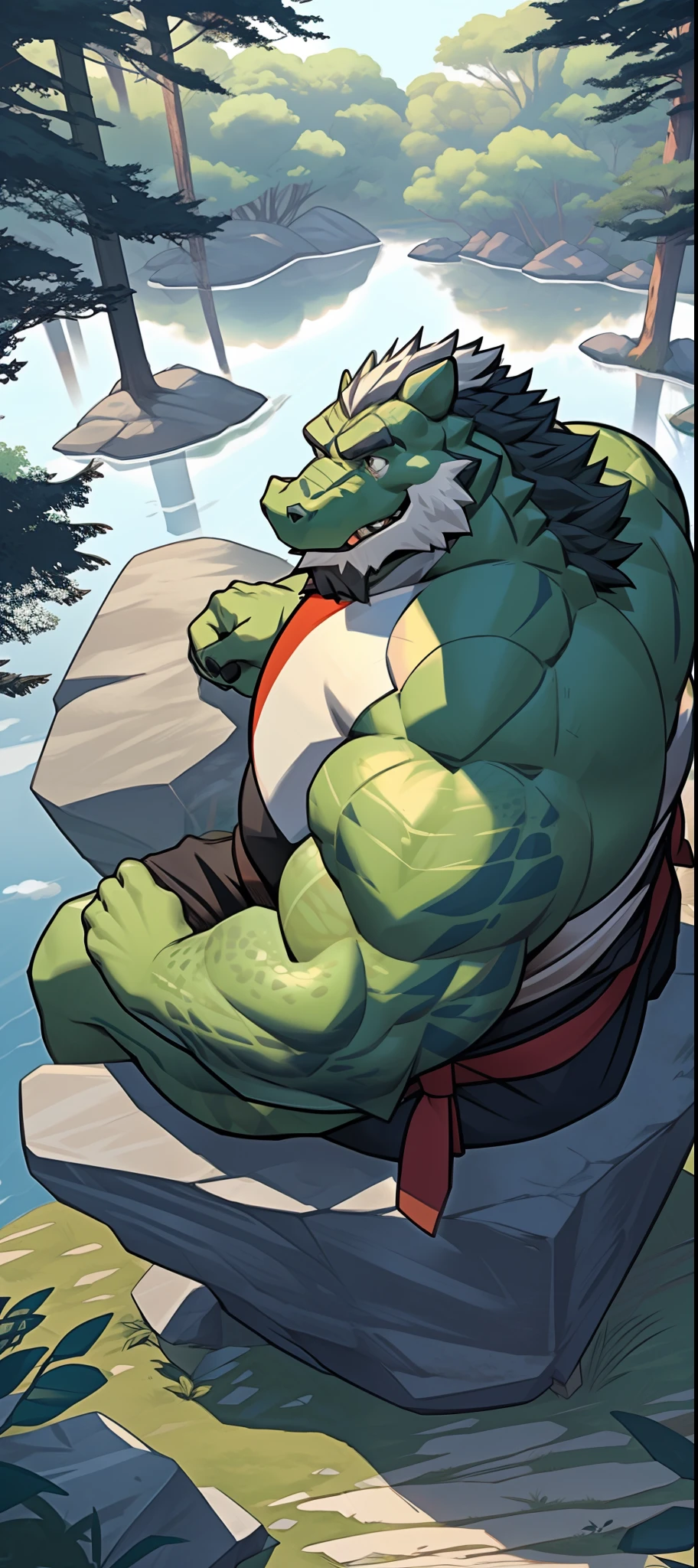 anthro, male, old chubby alligator, green Alligator, (detailed eyes), detailed clothing, big fat. overweight, white beard, Samurai clothes, forest background, windy, sitting meditation on big rock (wild_long_Beard), (mustache), (pov sideaway view), ((pov high view)), (facing forward)