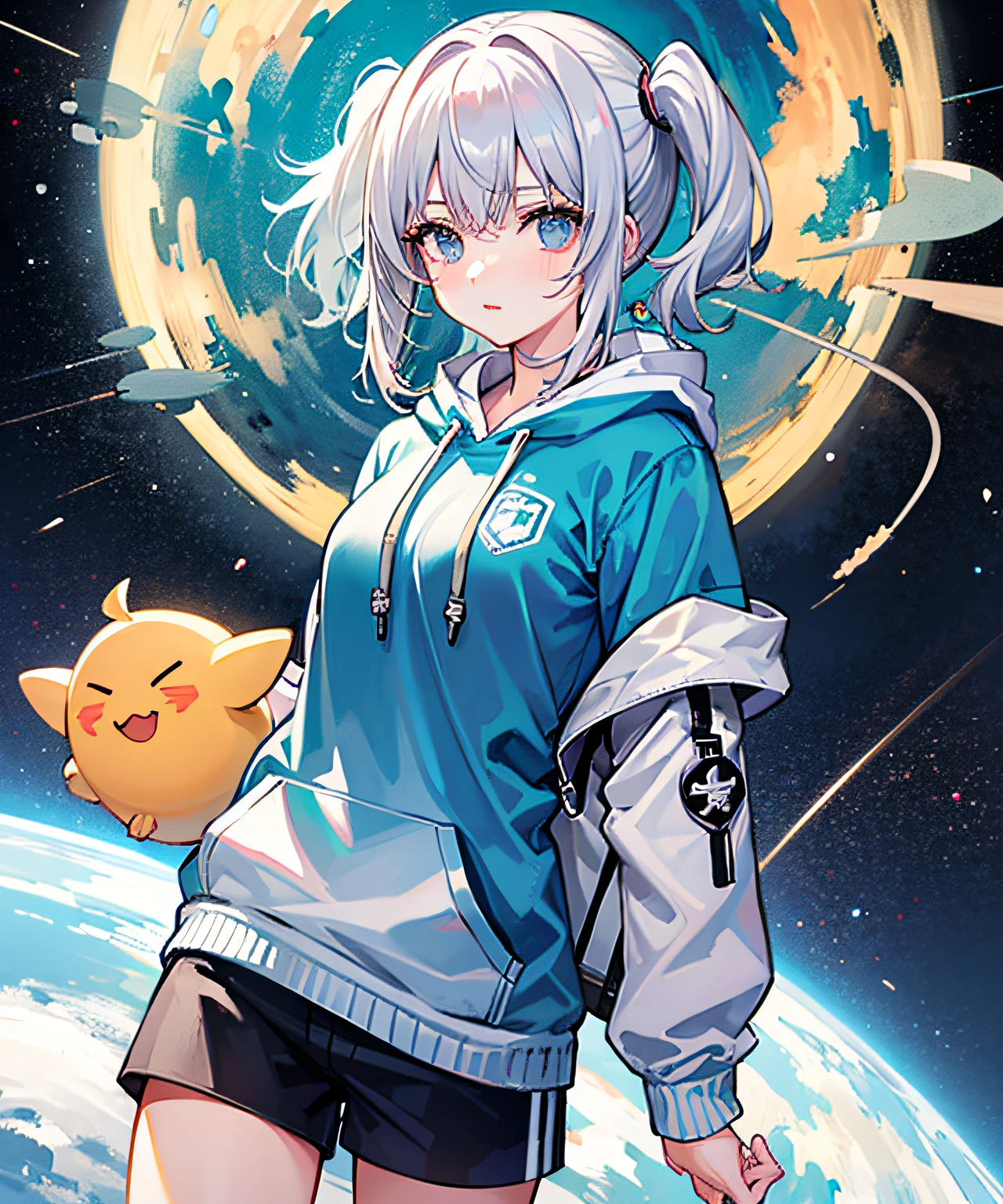 Masterpiece, 1girl, solo, incredibly ridiculous, hoodies, spaceships, space, doomsday
