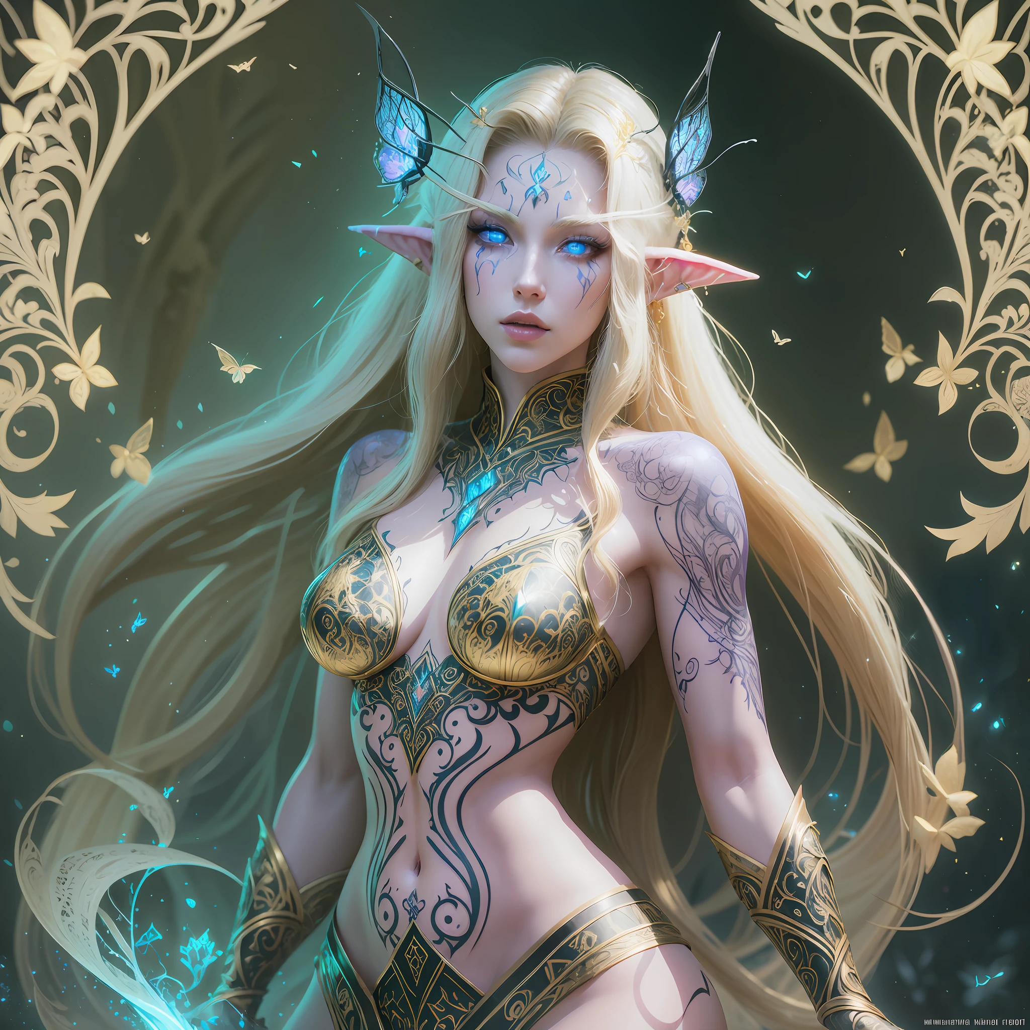 beautiful elf, fantasy style, blue eyes,hero pose, beautiful tattoo on your body,((intricate details)), hdr, Dramatic type,magic, long blonde hair, armor covering parts of your body in white and gold details, black forest background, magic, fairies, and neon yellow butterflies