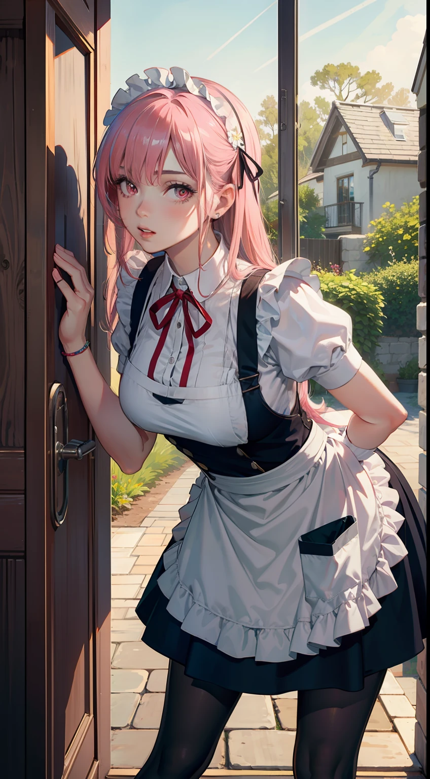 ((Best Quality)), ((Masterpiece)), (detailed), Realistic, Ultra High Resolution, Highly Detailed, Elegant, Beautiful Detail Eyes, 1girl, Perfect Female Body, Medium Breasts, Narrow Waist,, Red Eyes, Long Hair, (Gray and Pink Hair: 1.2), Asymmetric Bangs, Hair Accessories, Parted Lips, Shiny Skin, Maid Apron, Neckband, Armband, Pantyhose, (Body Leaning Forward), Indoor, Stone Wall, (Garden View Windows), Depth of Field, Soft Lighting,