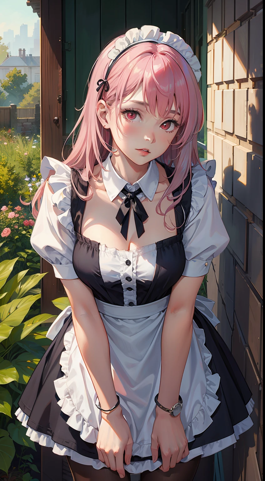 ((Best Quality)), ((Masterpiece)), (detailed), Realistic, Ultra High Resolution, Highly Detailed, Elegant, Beautiful Detail Eyes, 1girl, Perfect Female Body, Medium Breasts, Narrow Waist,, Red Eyes, Long Hair, (Gray and Pink Hair: 1.2), Asymmetric Bangs, Hair Accessories, Parted Lips, Shiny Skin, Maid Apron, Neckband, Armband, Pantyhose, (Body Leaning Forward), Indoor, Stone Wall, (Garden View Windows), Depth of Field, Soft Lighting,