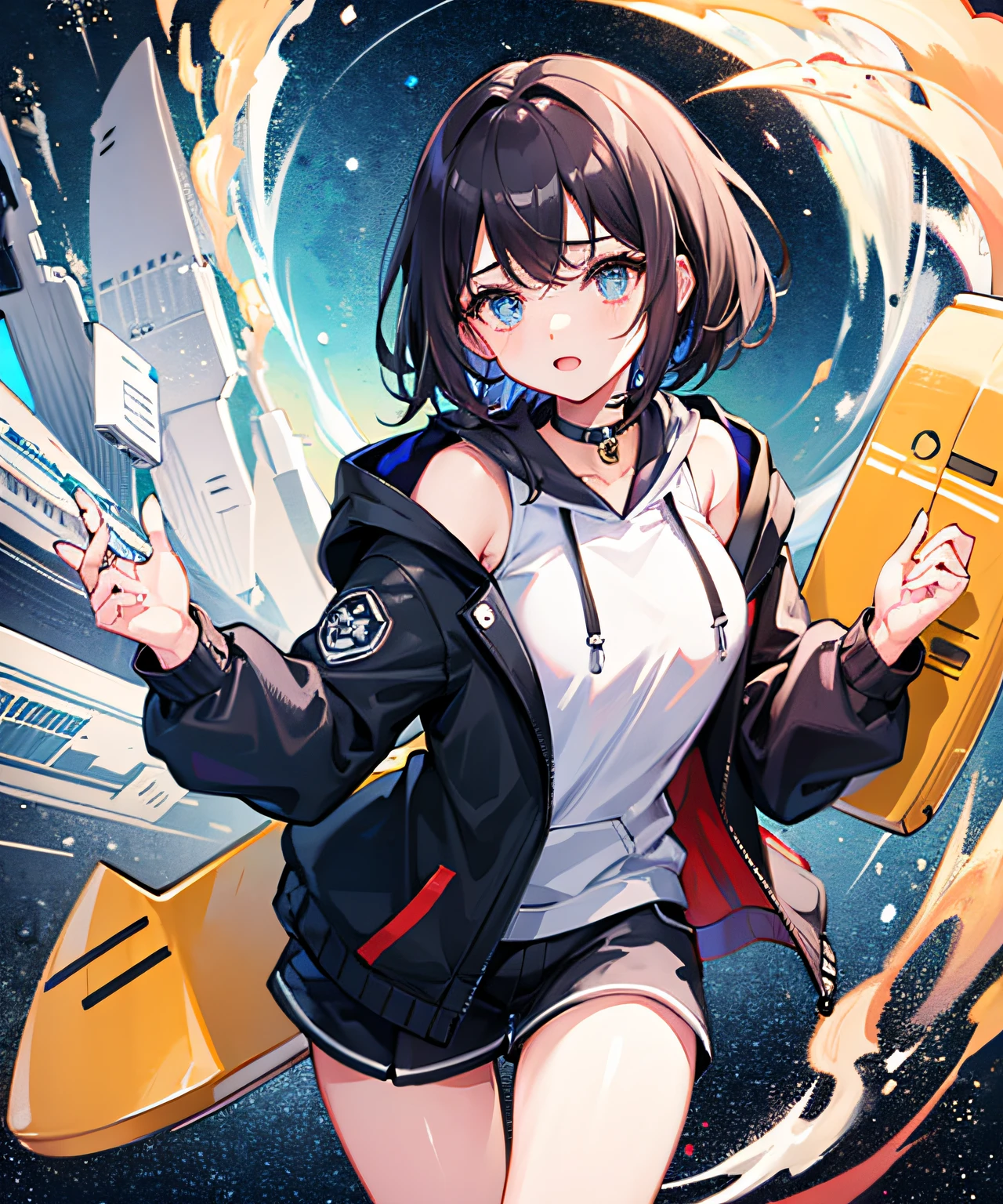 Masterpiece, 1girl, solo, incredibly ridiculous, hoodies, spaceships, space, doomsday