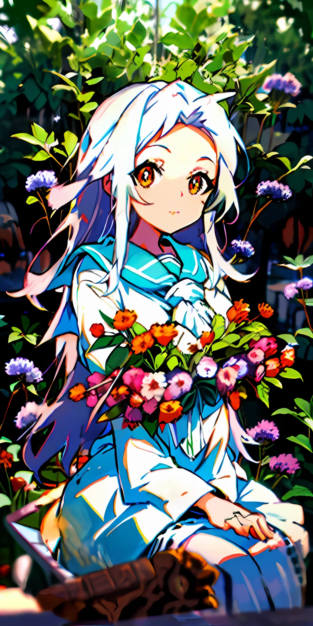 anime girl with flowers in her hand sitting on a bench, official artwork, with flowers, white haired deity, symphogear, white cyan, shirabii, flowery, ehime, she is the center of the garden, rimuru, from touhou, loli, official art, vivid color.digital 2d, full of flowers