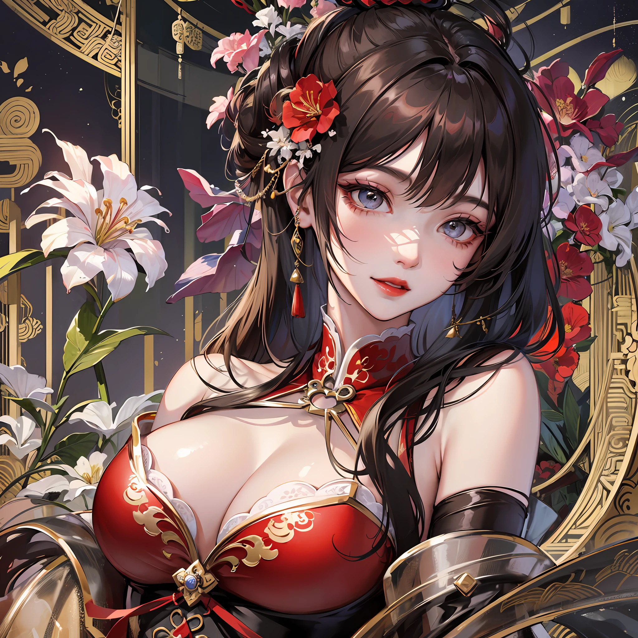Masterpiece, Superb Style, Night, Full Moon, 1 Woman, Mature Woman, Chinese Style, Antique Chinese, Sister, Royal Sister, Smile, Brunette Hair, Updo, Red Lips, Calm, Intellectual, Princess Scissors, Hairpins, Hair Flowers, Detailed Facial Details, Detailed Eyes, Full Body, Gray Eyes --auto --s2