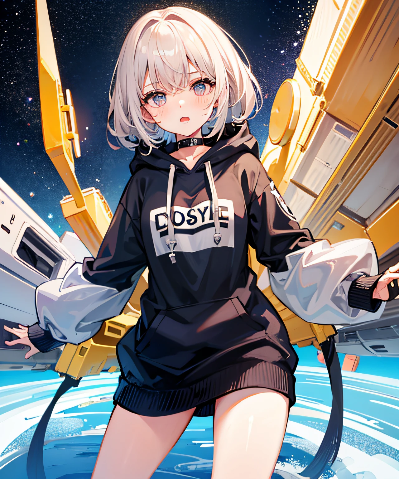 Masterpiece, 1girl, shut up, solo, incredibly ridiculous, hoodies, spaceships, space, doomsday