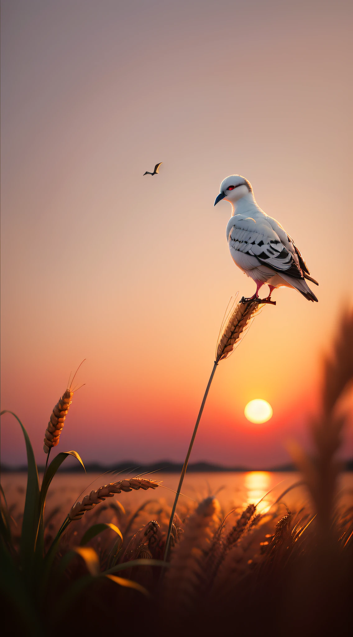Best quality, masterpiece, high resolution, high resolution, 4k, 8k, bokeh, dusk, setting sun. The wheat was just ripe, the smoke was rising, and the white pigeon flew against the surface of the water, perched on a reed