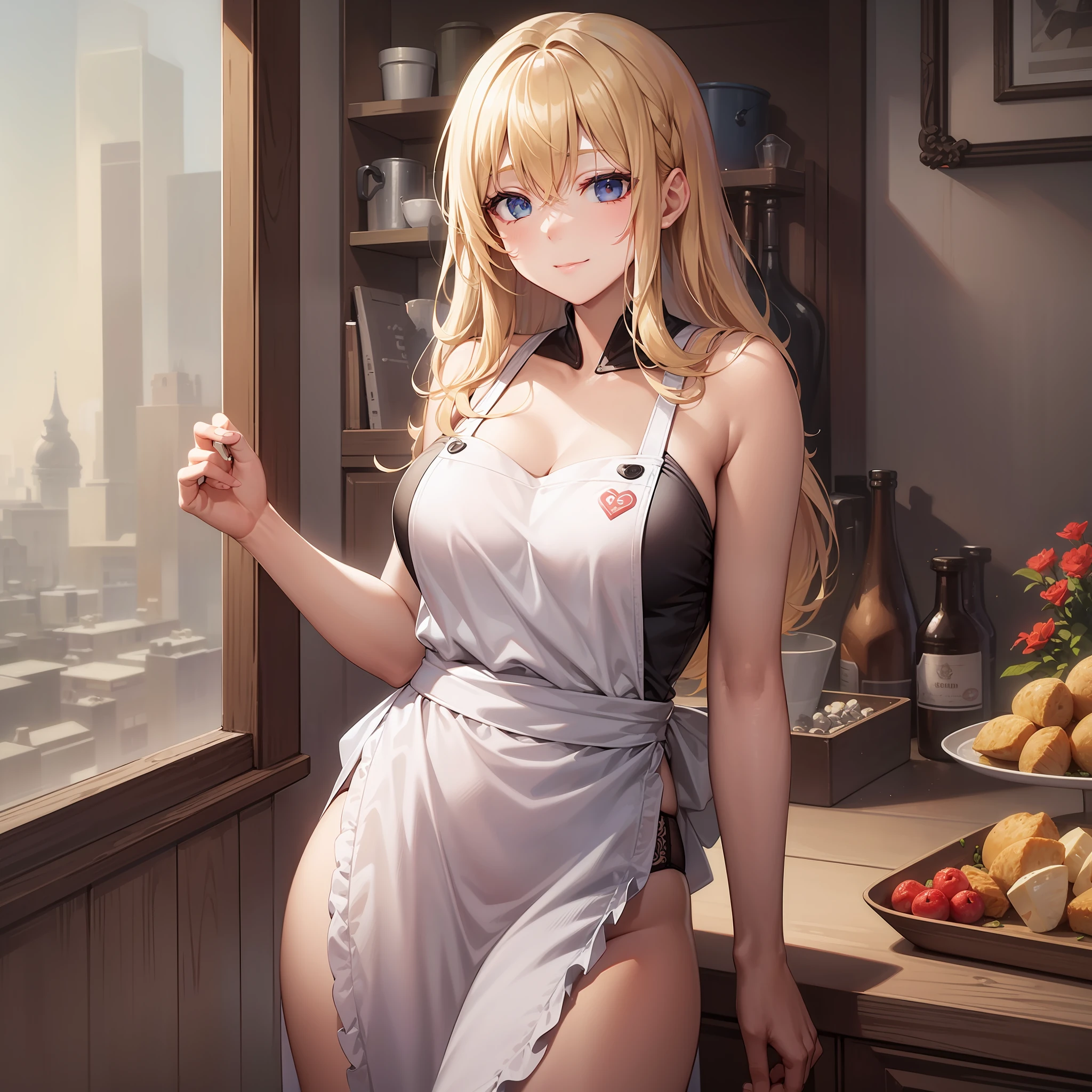 quality, apron, soft smile, beautiful body, beautiful hair, exposed skin, white underwear, wink, blonde hair