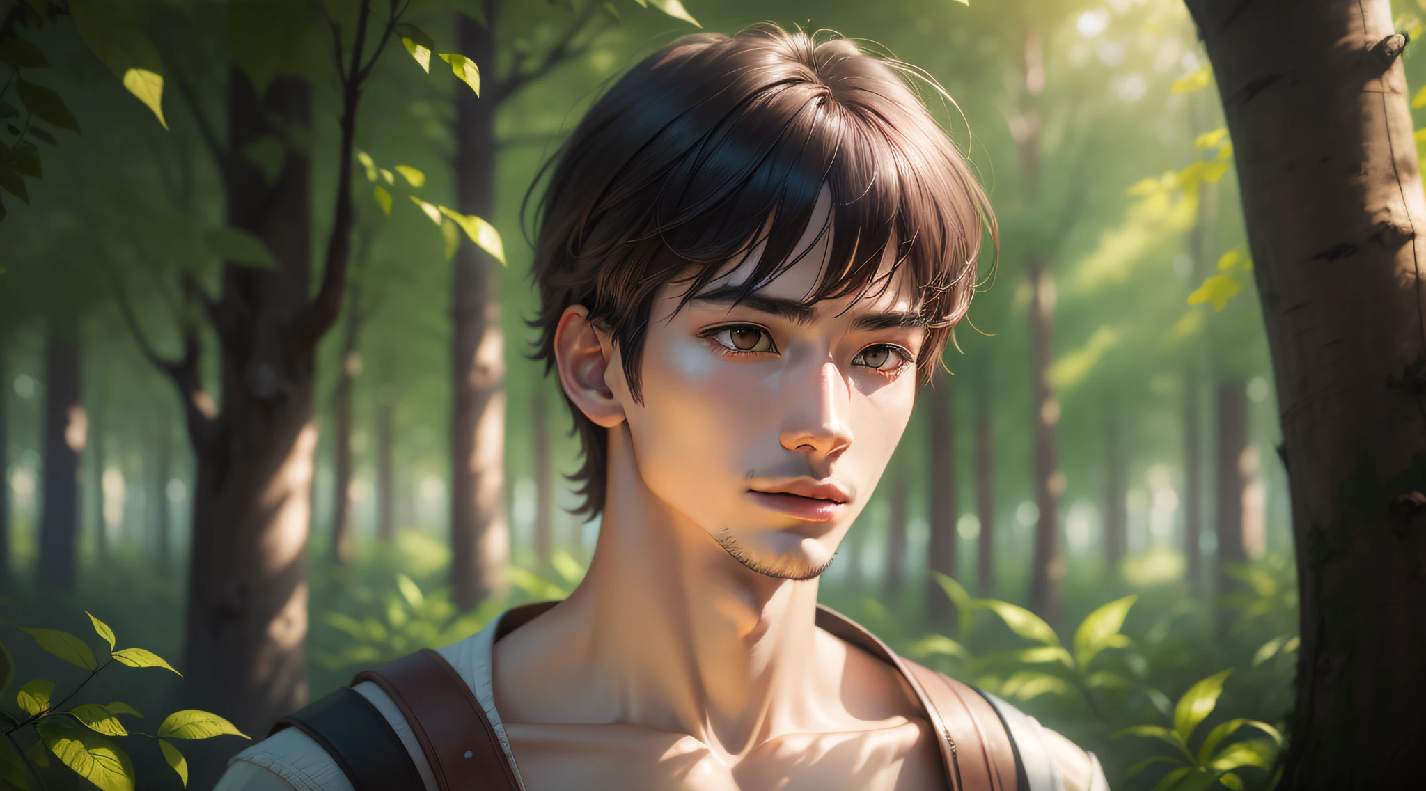 Drawing, ultra realistic, 8k, extremely detailed, in the best quality, a man, young with 18 years, oriental, in a forest.
