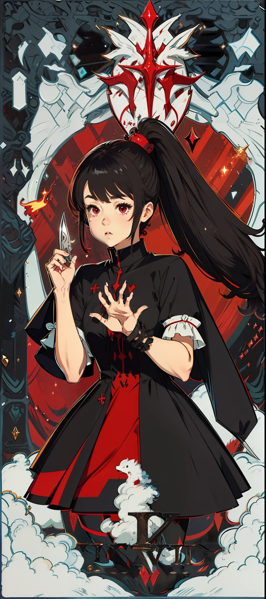 Black hair and red eyes, wife hairstyle, single ponytail, left hand blade, right hand claw, black hair and red eyes, girl, two-dimensional, similar to the battle double Pamish alpha.