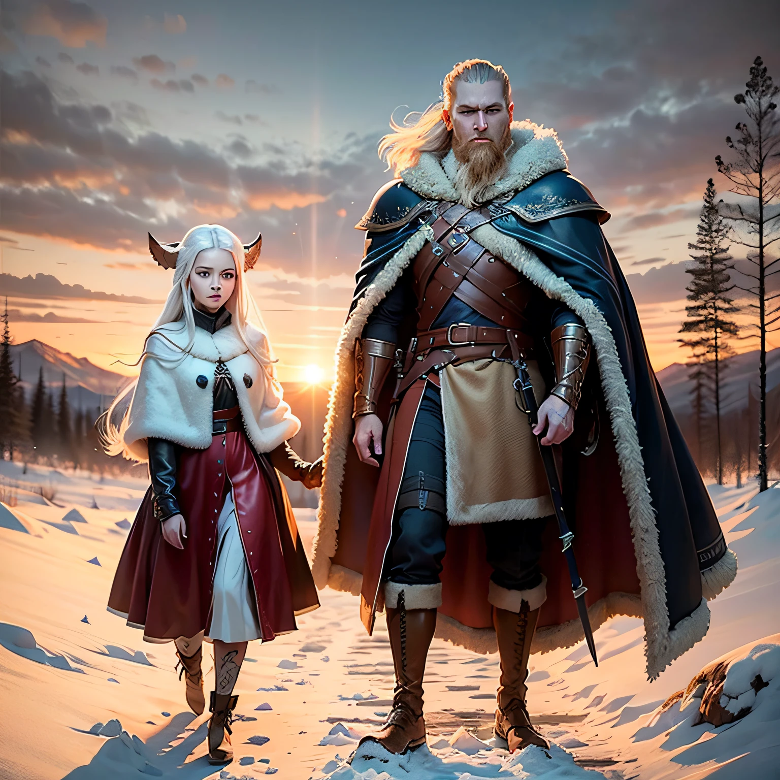 Medieval fantasy, Couple of characters. The man is young, tall, with very dark long hair and furry leather clothes suitable for winter, has seen a furry fur cape, and resembles a Viking with tattoos. And in his right hand he carries a sword. The woman is of short stature, young, incredibly beautiful, delicate, white hair, with long straight hair, light blonde straight hair, wearing winter archer clothes. They are in a mountainous and remote place covered with snow in the light of the sunset. Perfect detailed faces, hyper-detailed, painting. Mucha realistic, sunset light. Amazing color hyperrealistic cover photo. --auto