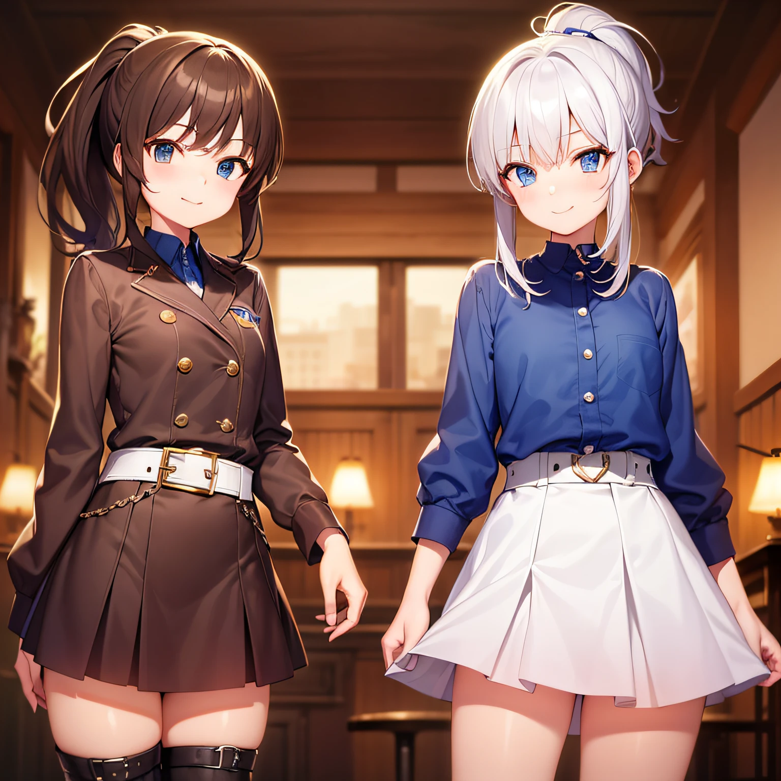 top quality, very delicate and beautiful, girl, 11 years old, (dark brown hair), blue clothes with vertical buttons, belt at the waist, white skirt, (ponytail)), (white hair band), (brown boots), blue eyes, standing, smile,