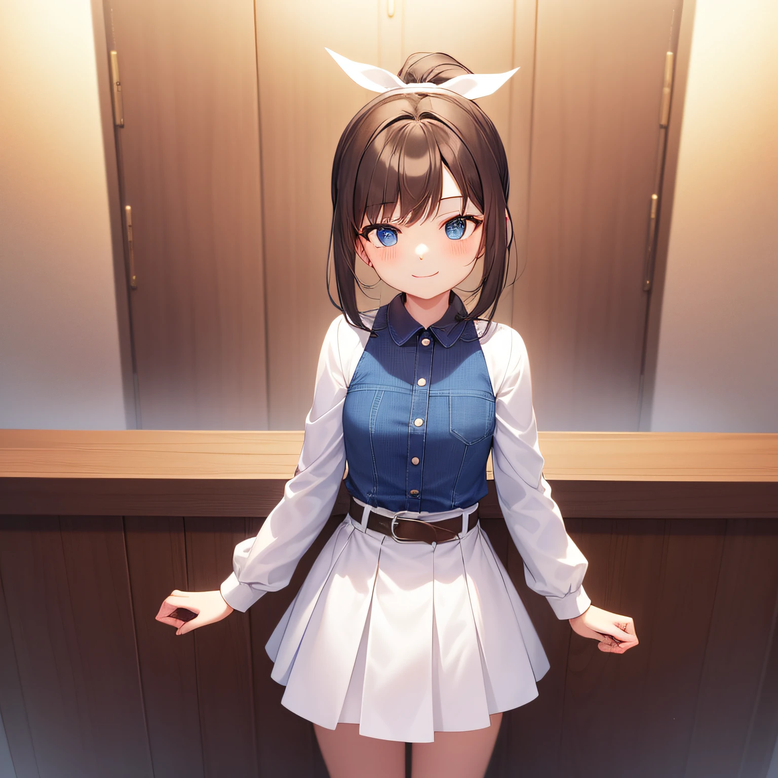 top quality, very delicate and beautiful, girl, , (dark brown hair), blue clothes with vertical buttons, belt at the waist, white skirt, (ponytail)), (white hair band), (brown boots), blue eyes, standing, smile,