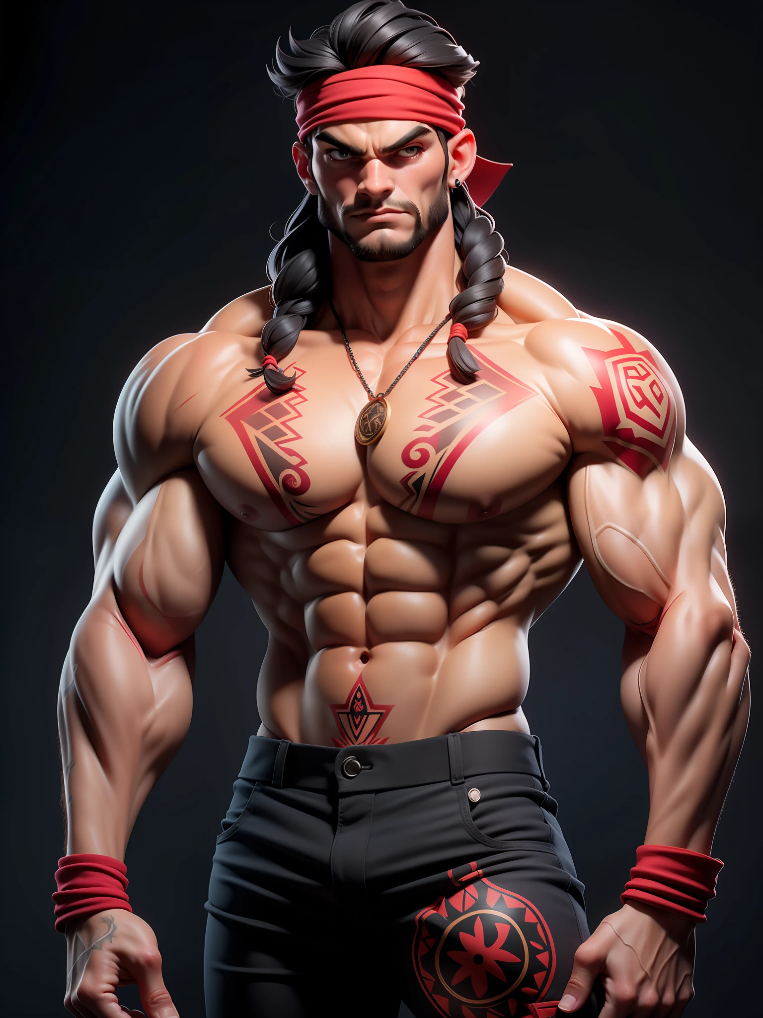 a muscular man with a height of around 6 feet. He has a well-defined chest and ribs covered in red-color tattoos, including intricate tribal patterns and symbols. The tattoos extend from his collarbone to his abdomen. The man is wearing a tight-fitting red headband tied around his forehead, which matches the intensity of his tattoos. He has a rugged jawline, long black hair, and a determined expression on his face. He is shirtless, showcasing his muscular arms and shoulders. wearing fijian whale tooth necklaces, looking to the camera