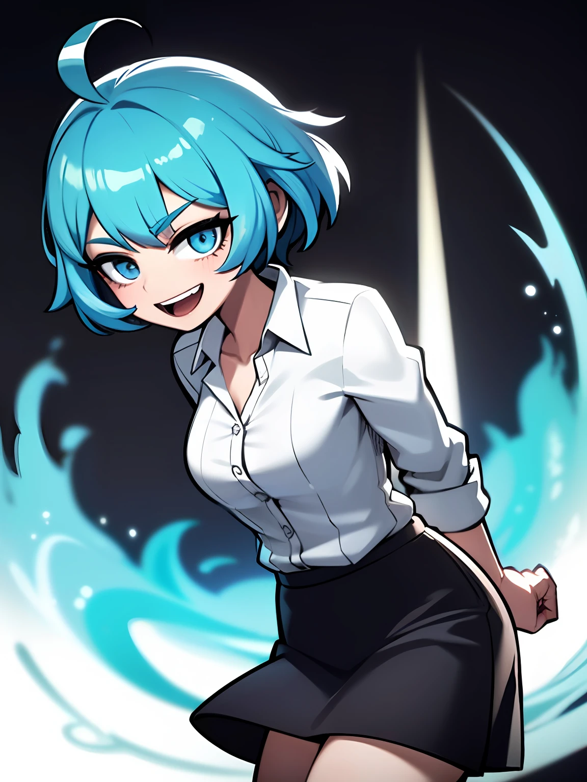 ((masterpiece, best quality)), (1girl), (solo), (female focus), (ahoge, blue hair, short hair), blue eyes, light smile, open mouth, ((white shirt), (buttoned shirt), (button opening)), ((black skirt), (short skirt)), standing, white background, arms behind back, dynamic angle