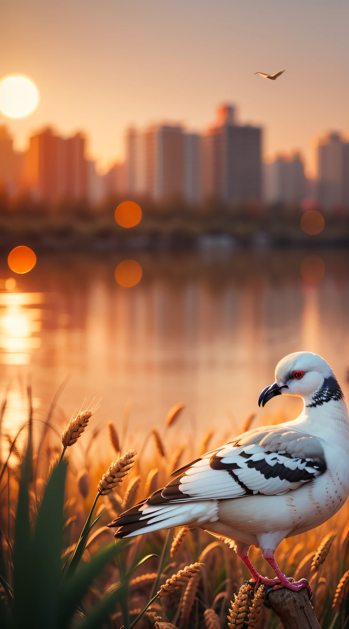 Best quality, masterpiece, high resolution, high resolution, 4k, 8k, bokeh, dusk, setting sun. The wheat was just ripe, the smoke was rising, and the white pigeon flew against the surface of the water, perched on a reed