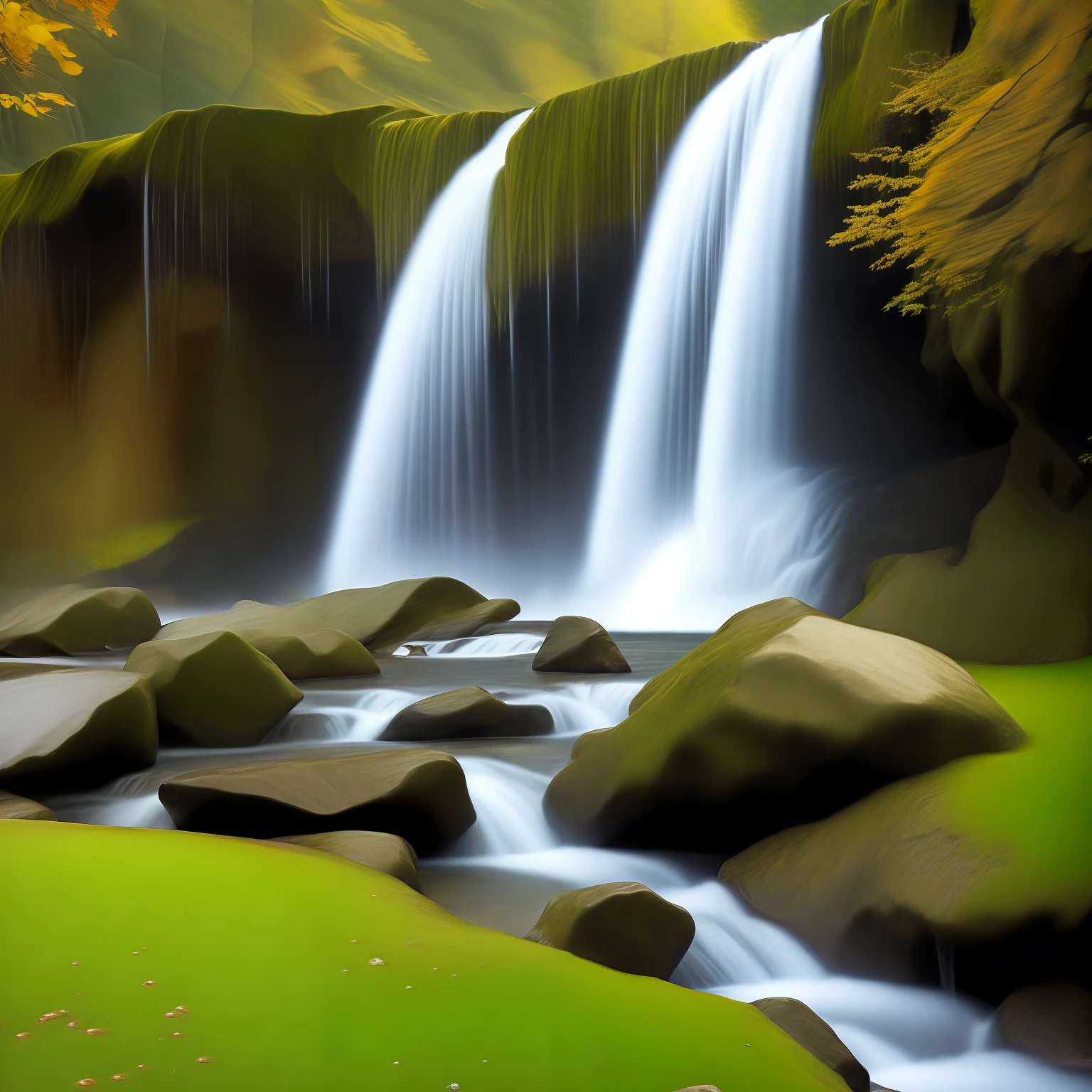 Drop of water falls on an imposing stone. vibrant colors, inspired by Edwuard Robert Hughes