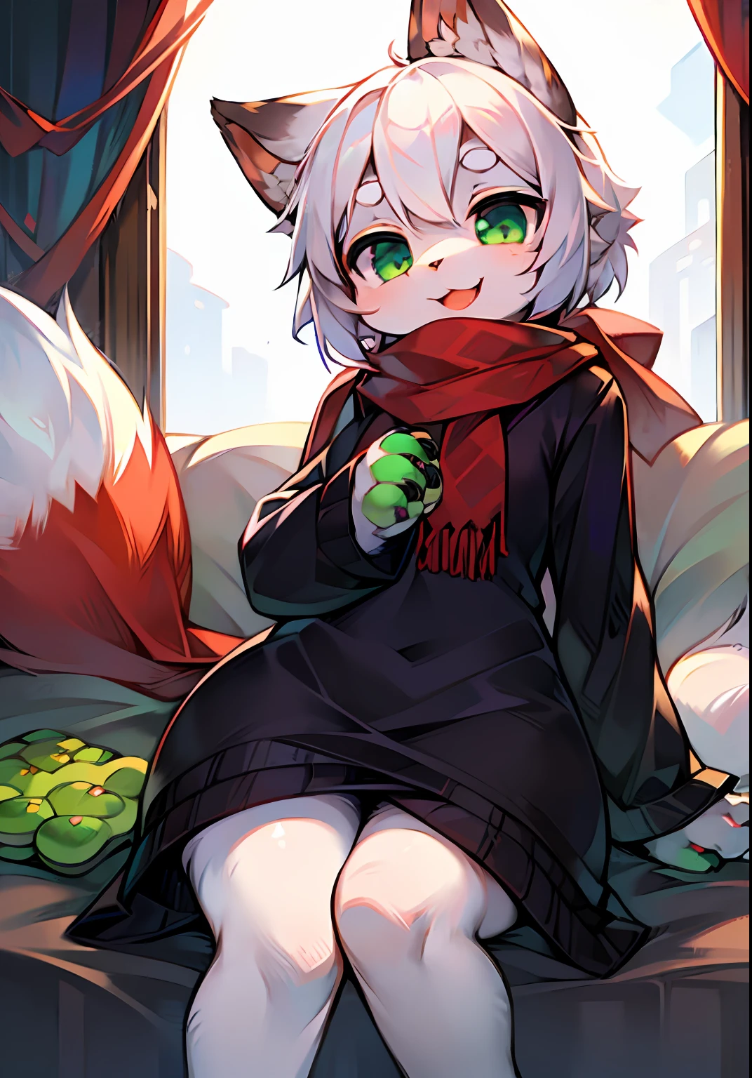 Kitten, girl, hair is white on the front, black on the back, black ears, beautiful green big eyes, light white eyebrows, hair on the arms is black, with fleshy white paws, green meat pads, furry black, white and red mixed tail, wearing a scarf with a red pattern mainly in white, cute, happy, leisurely