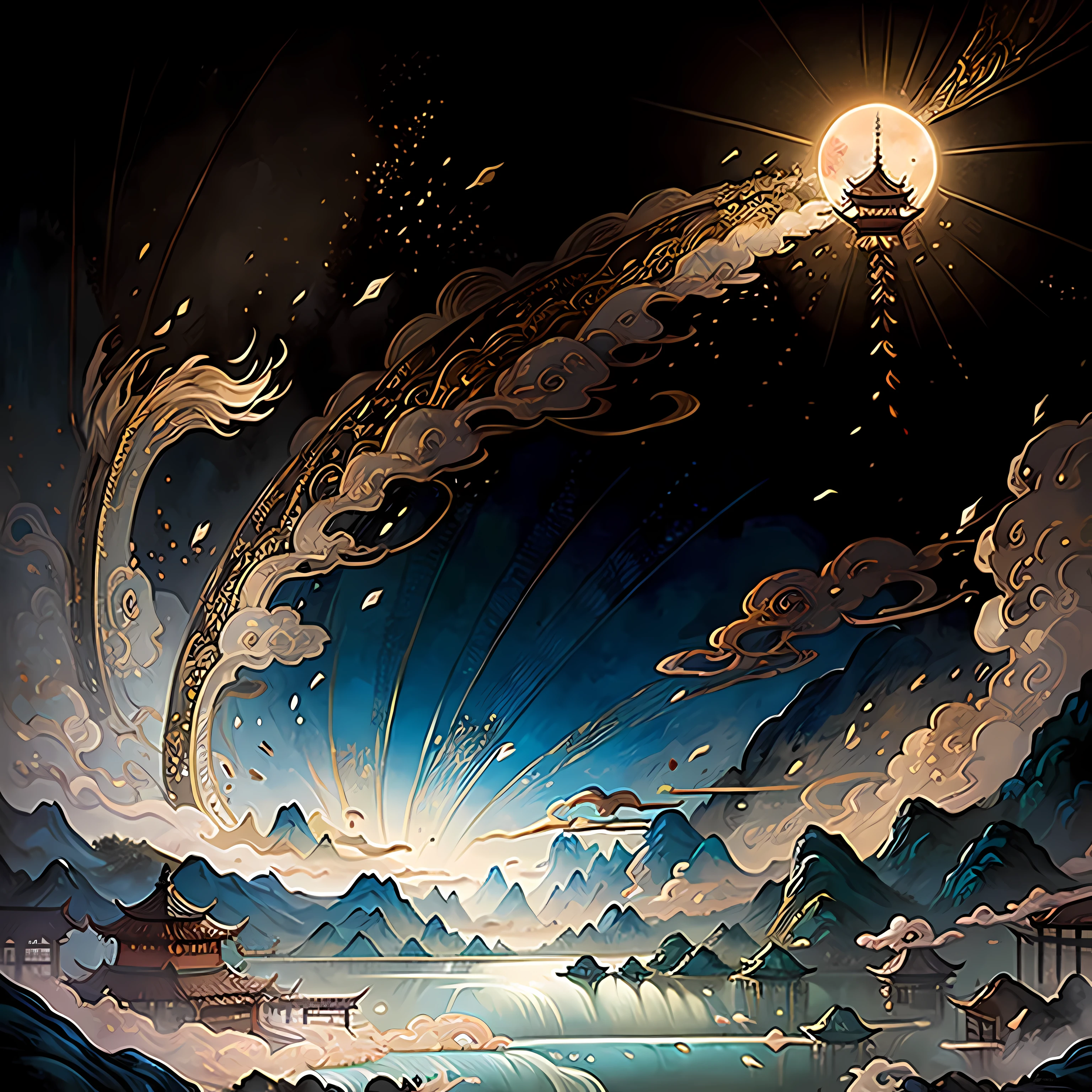 An ancient Chinese painting, ancient Chinese background, mountains, rivers, auspicious clouds, pavilions, sunshine, masterpieces, super detail, epic composition, ultra HD, high quality, extremely detailed, official art, unified 8k wallpaper, Super detail, 32k -- v 6