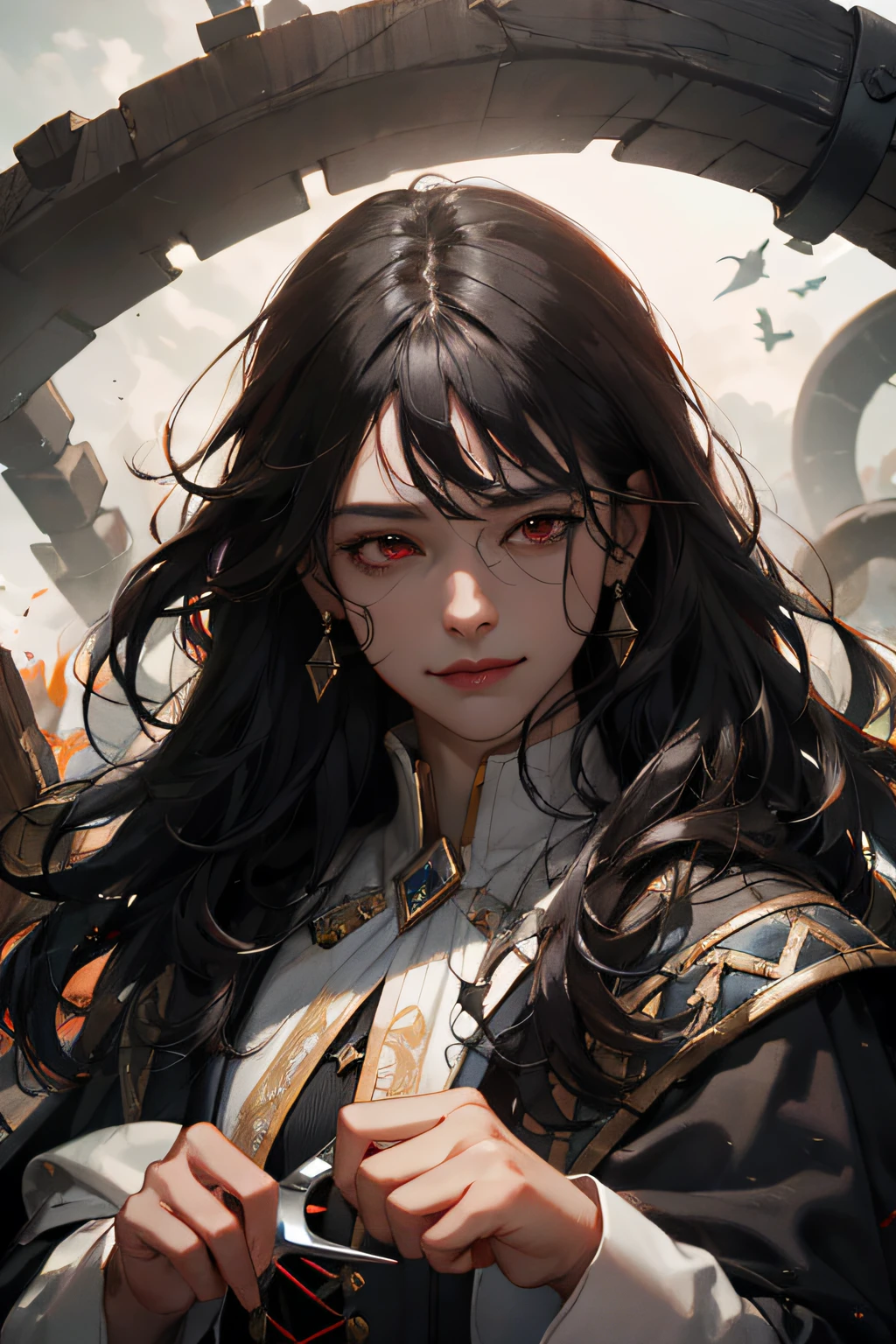 (absurdres, highres, ultra detailed), 1woman, vampire, mature female, aged, long wavy hair, dark black hair, red eyes, red eyes, left red eyes, right red eyes, more red, bangs, long sleeves, finely detailed eyes and detailed face, extremely detailed CG unit 8k wallpaper, intricate details, portrait, looking down, solo, upper body, detailed background, determined expression, smile, creed killers, sturdy black killer clothes, capelet, small knives, revolutionary, dynamic pose, caribbean island scenery, golden age of piracy, closed gate in background, dust, , portrait, wind turning,(absurd, highres, ultra detailed), 1woman, vampire, mature female, aged, long wavy hair, dark black hair, red eyes, red eyes, left red eyes, right red eyes, more red, bangs, long sleeves, fine eyes detailed and detailed face, extremely detailed CG unit 8k wallpaper, intricate details, portrait, looking down, ground, upper body, detailed background, determined expression, smile, assassins creed, chunky black assassin clothes, capelet, small knives , revolutionary, dynamic pose, Caribbean island scenery, golden age of piracy, closed gate in the background, dust, , portrait, wind swirling