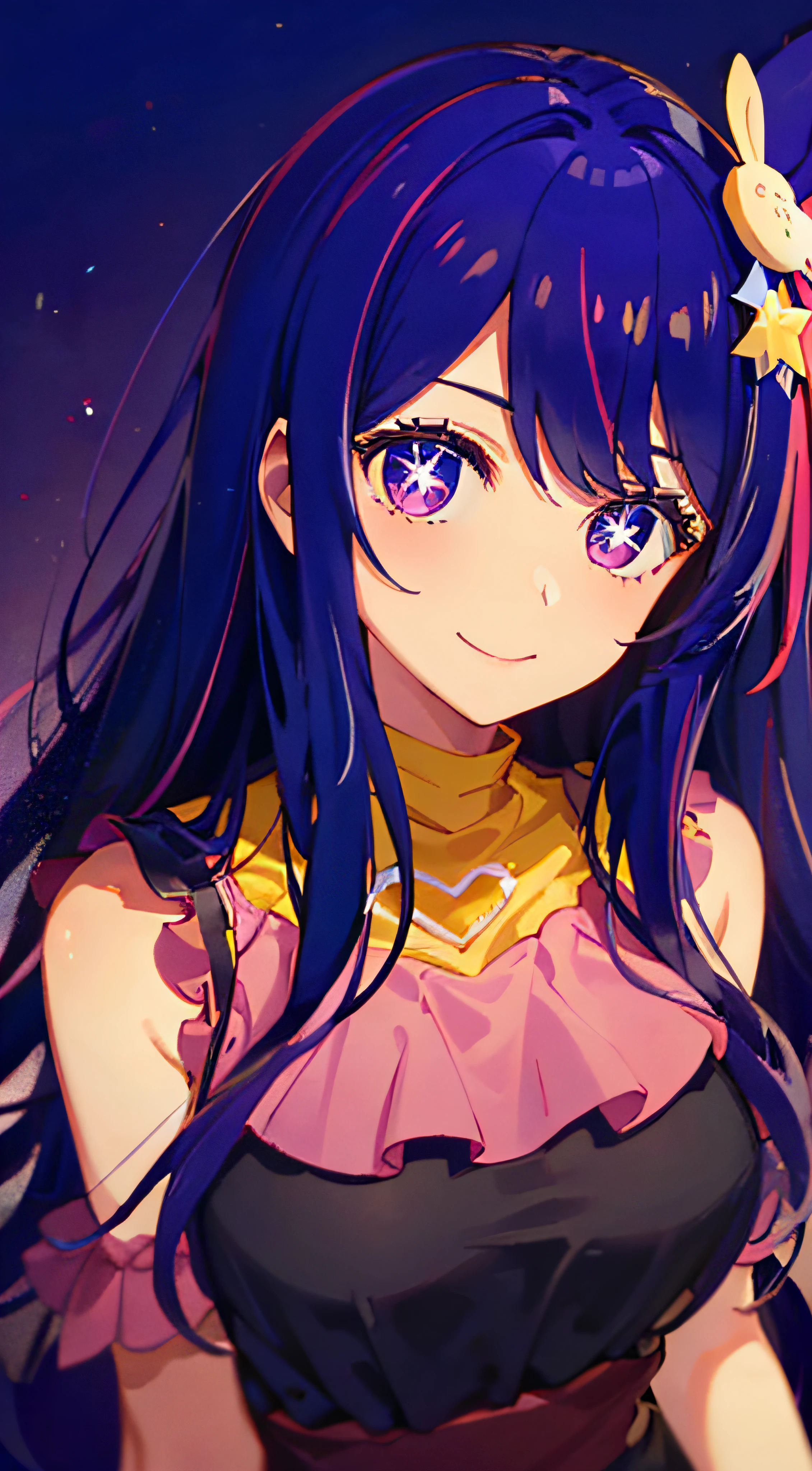 1 girl, (masterpiece), (best quality), (super detail), fine detail, (depth of field), gloves, long hair, star \ (symbol\), camera gaze, (purple hair: 1.2), purple eyes, upper body, hair ornament, :p, pink shirt, smile, sleeveless, shirt, idol, symbol pupil, bangs, one side up, star-shaped pupil, pull dress from above