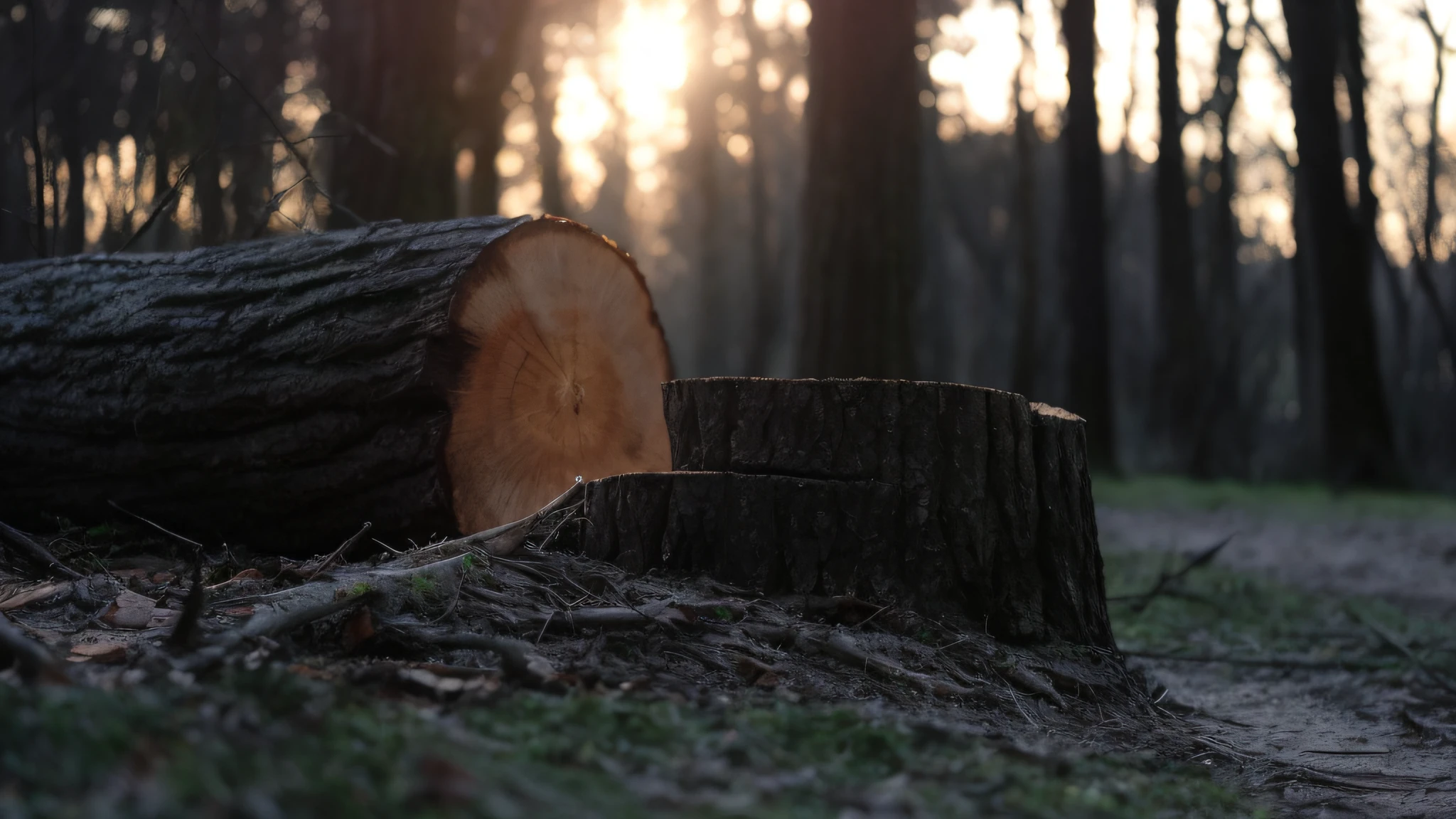 there is a tree stump that has been cut down in the woods, tree stump, tree stumps, forest clearing, early morning lighting, warm glow coming the ground, taken at golden hour, forestry, fallen trees, early morning light, wooden logs, during golden hour, evening!! in the forest, with a few scars on the tree, forest details