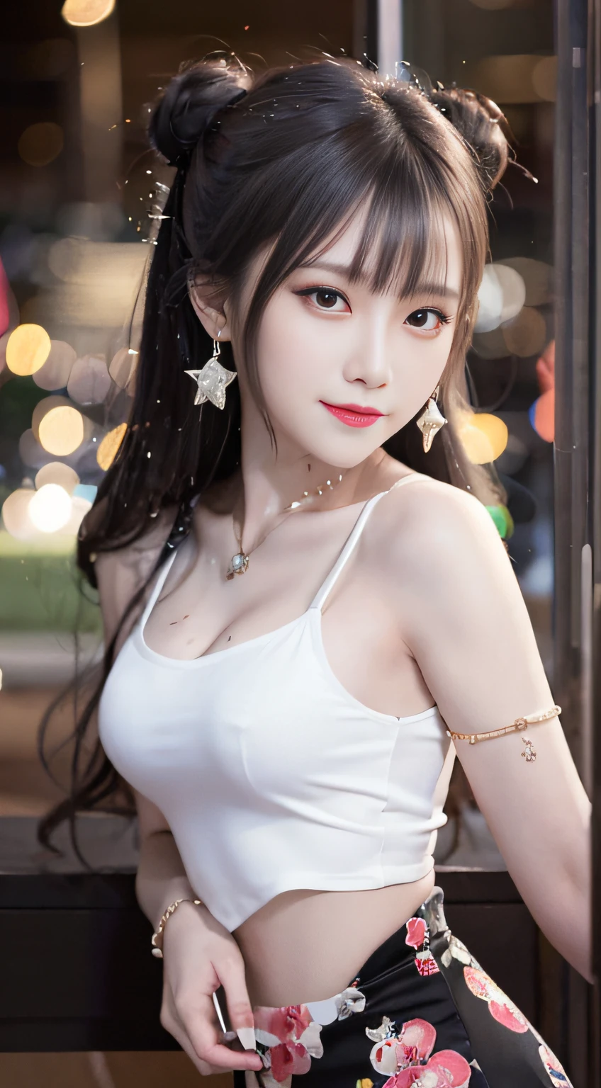 best quality,masterpiece,highres,cg, 1girl,(seductive smile:0.8),long hair,star-shaped pupils,cheongsam,dress,water,solo,jewelry,white dress,earrings,hair ornament,splashing,upper body,hair bun,black hair, lighting,candid,Photograph,high resolution,4k,8k,Bokeh,