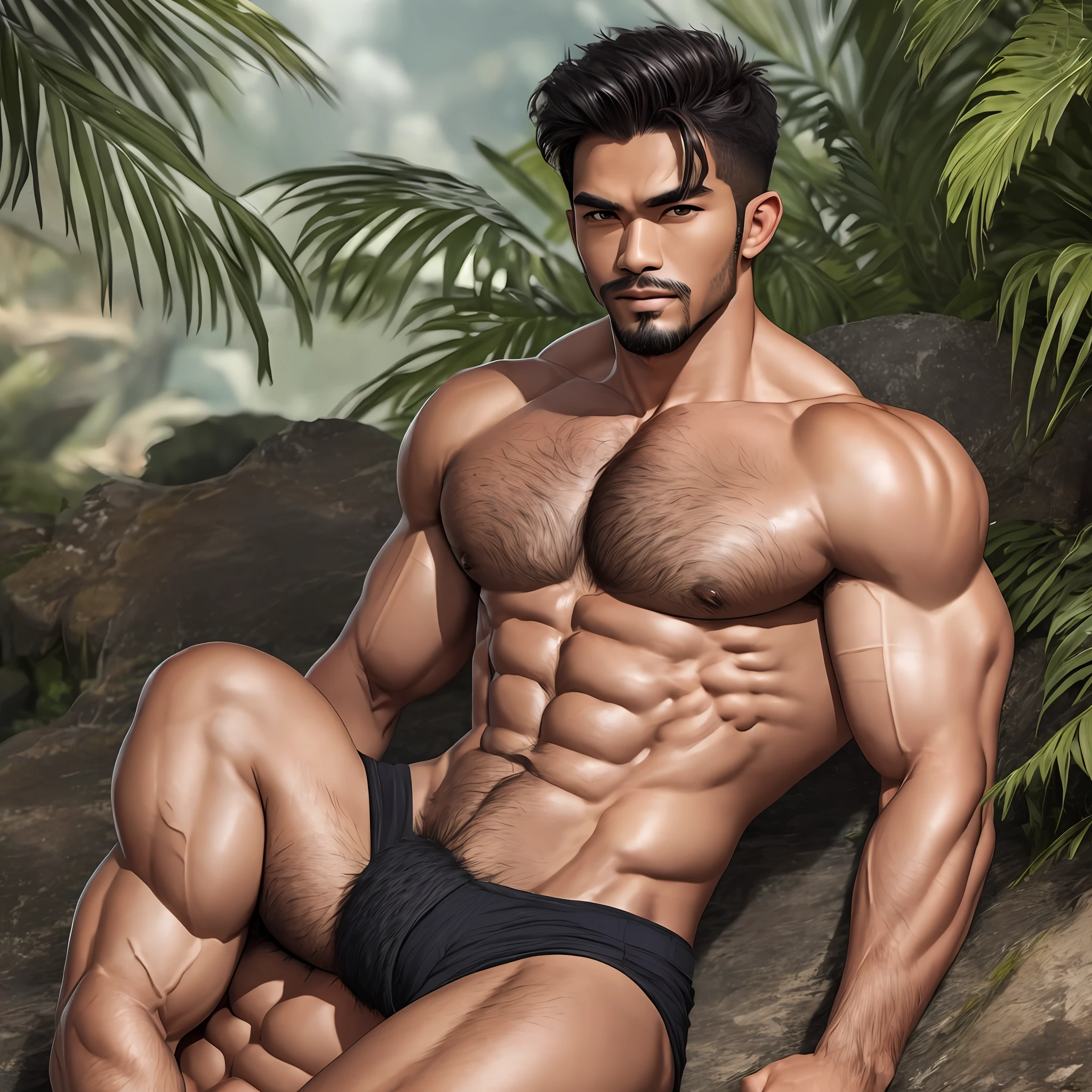 Handsome Indonesian muscular men, facial hair, hairy chest, shiny skin, and without clothes 4k hyperrealistic --auto --s2