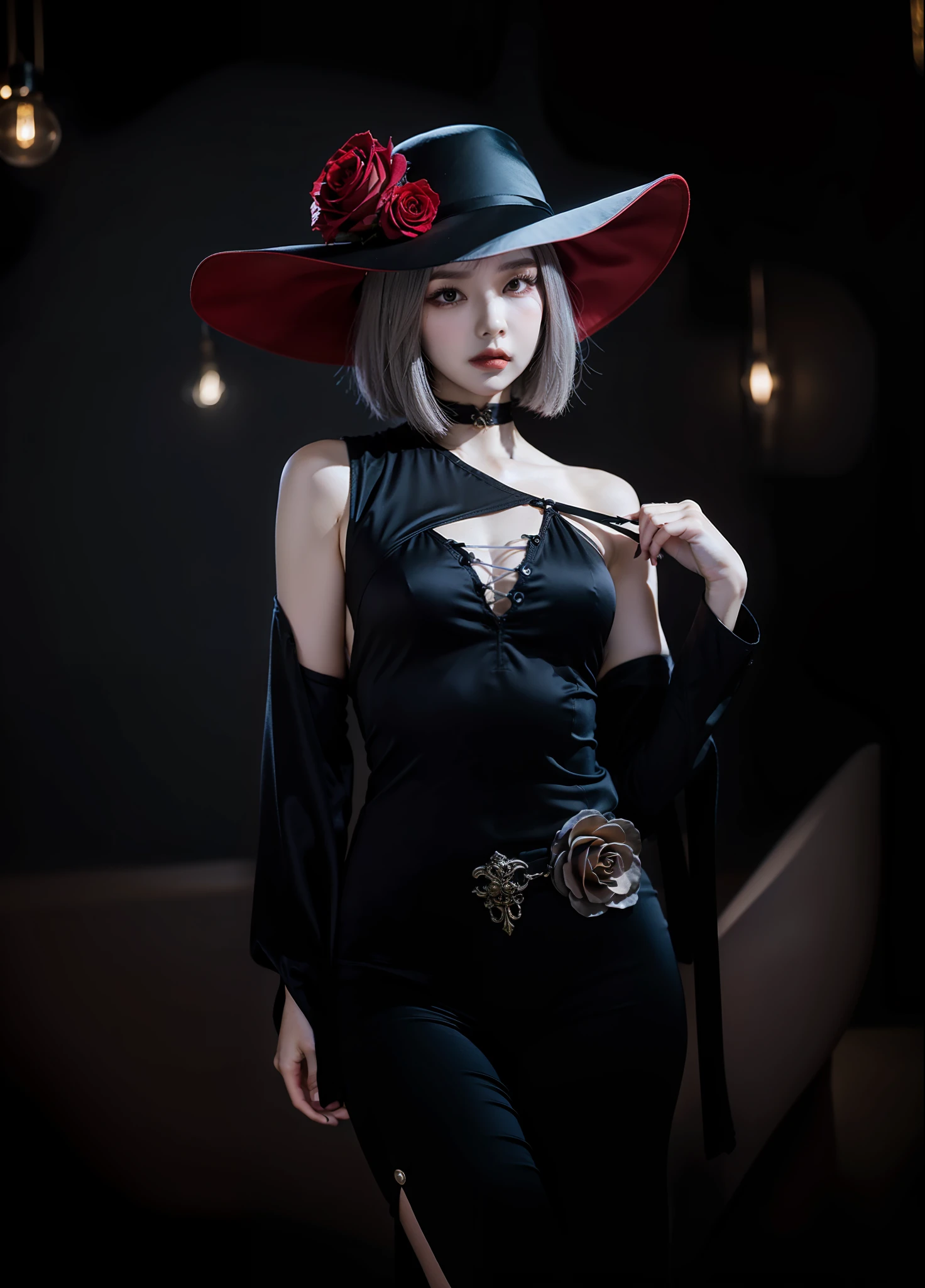 "4k, full body, an assassin, cos original drawing, rose, black young lady's hat, short silver hair, black cheongsam, bare shoulders, perfect portrait, perfect figure, noblewoman, silk satin, black stockings, binding."