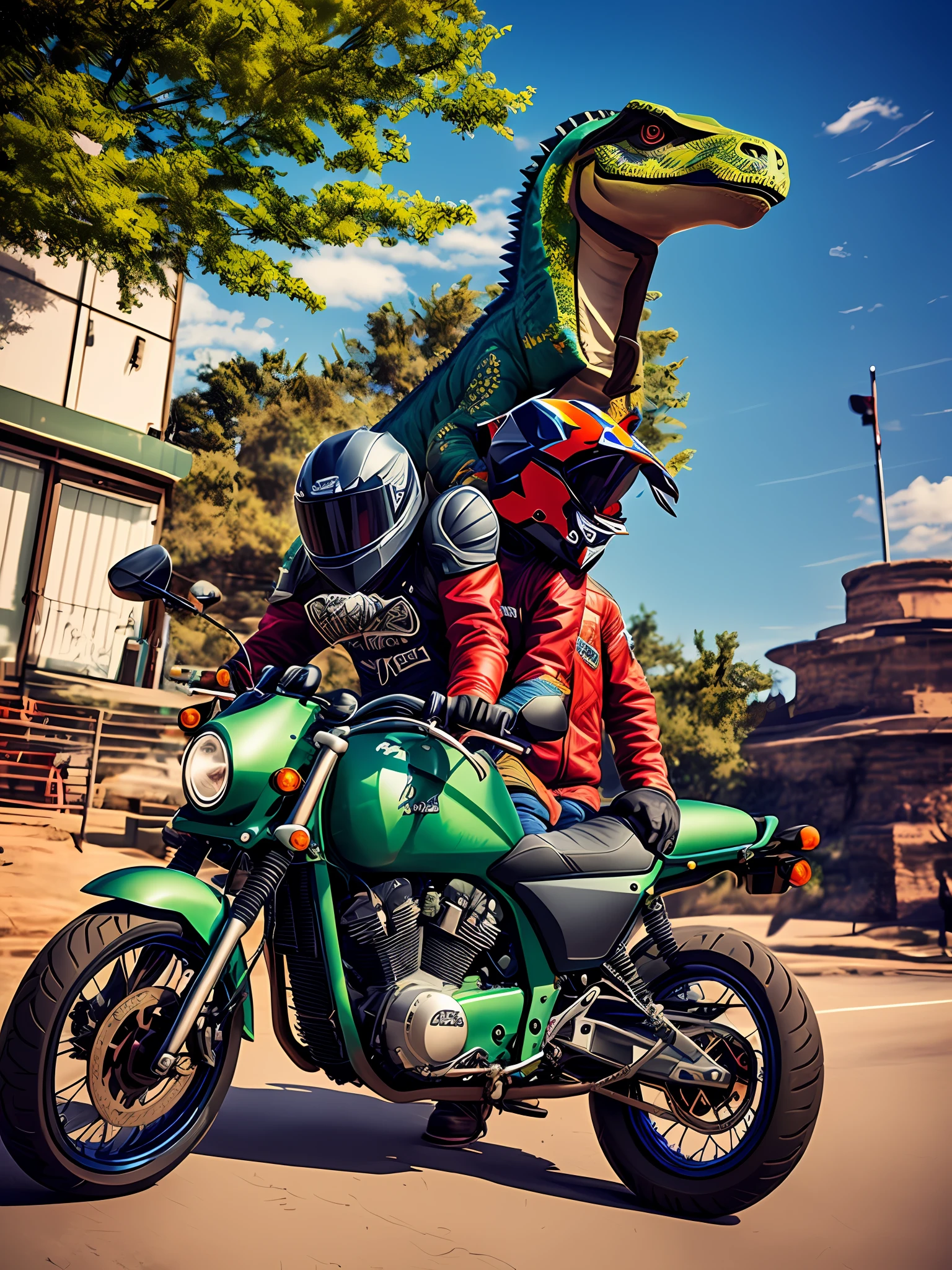Dinosaur, motorcycle,