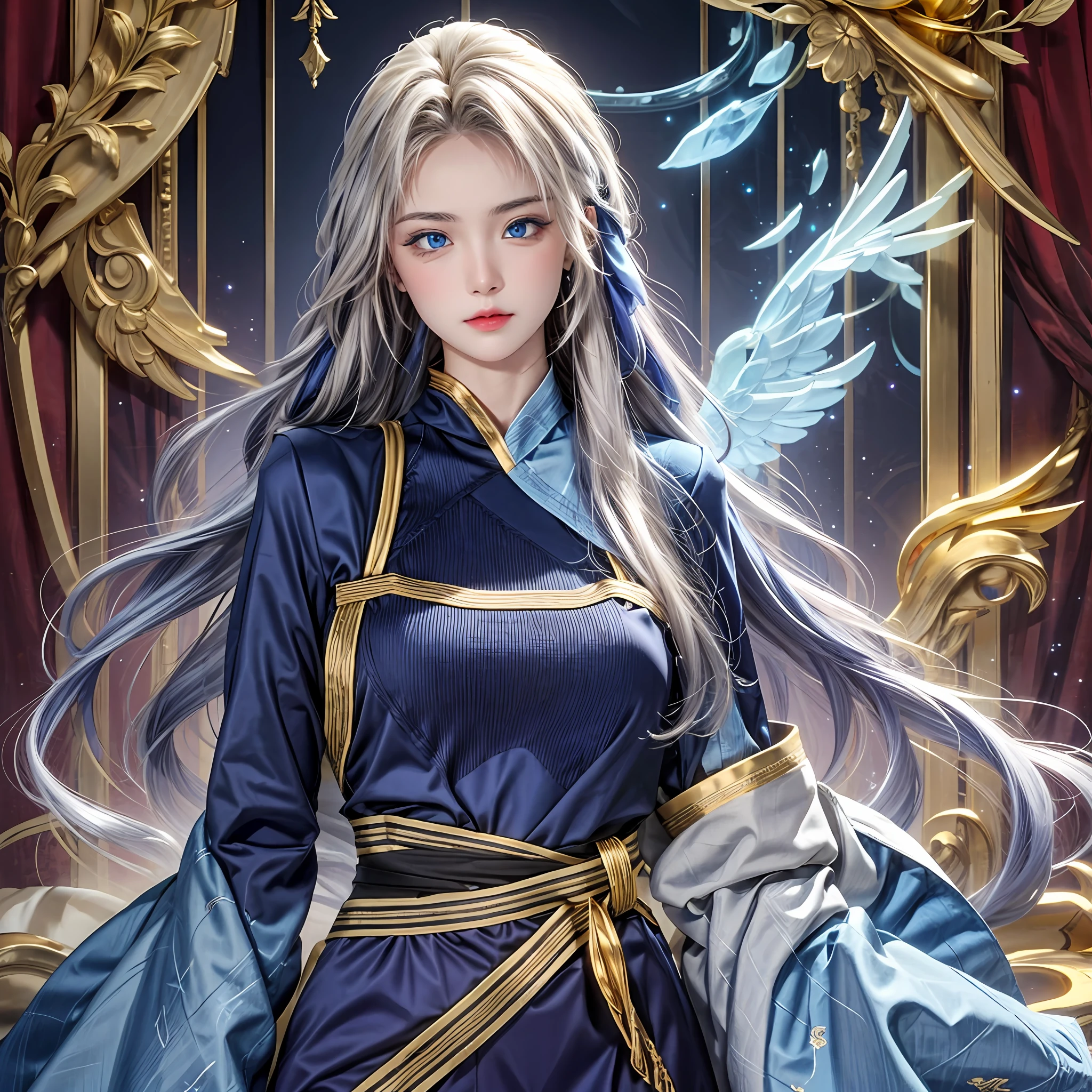 ethereal, magnificent,(beautiful), (longflowinghair),(azureblueeyes),(goldandpurpleclothes),