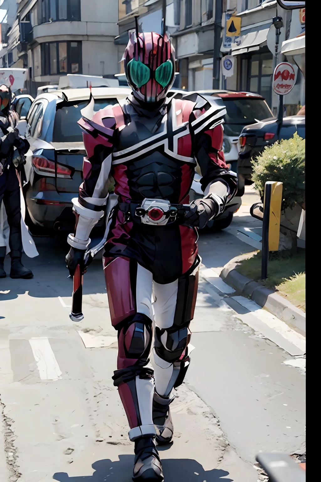 high quality, best quality, 8 k,realistic,detailed face, detailed clothes, decade, 1boy,male focus ,full body ,weapon, holding weapon