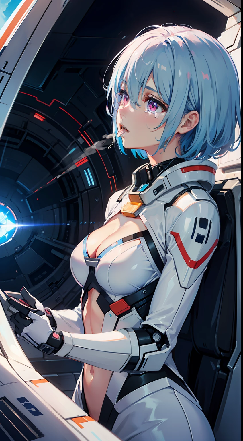 solo,1girl,driving, tight white attire, suspended in the air, human design, smoke, flying, blue flame,hair between eyes,pink eyes, time knight, advanced technology, advanced civilization, clean and simple mechanical design, water vapor, white mecha, (driving a spaceship:1.4),light blue hair, ,taking a plane A product,highres, absurdres, original, game cg, outline, artbook, from below,(upper body:1.2),(from side:1.2) ,(medium breasts:1.4),(crying with eyes open), (open clothes:1.3),(cleavage cutout:1.3),(saliva:1.1)
,
