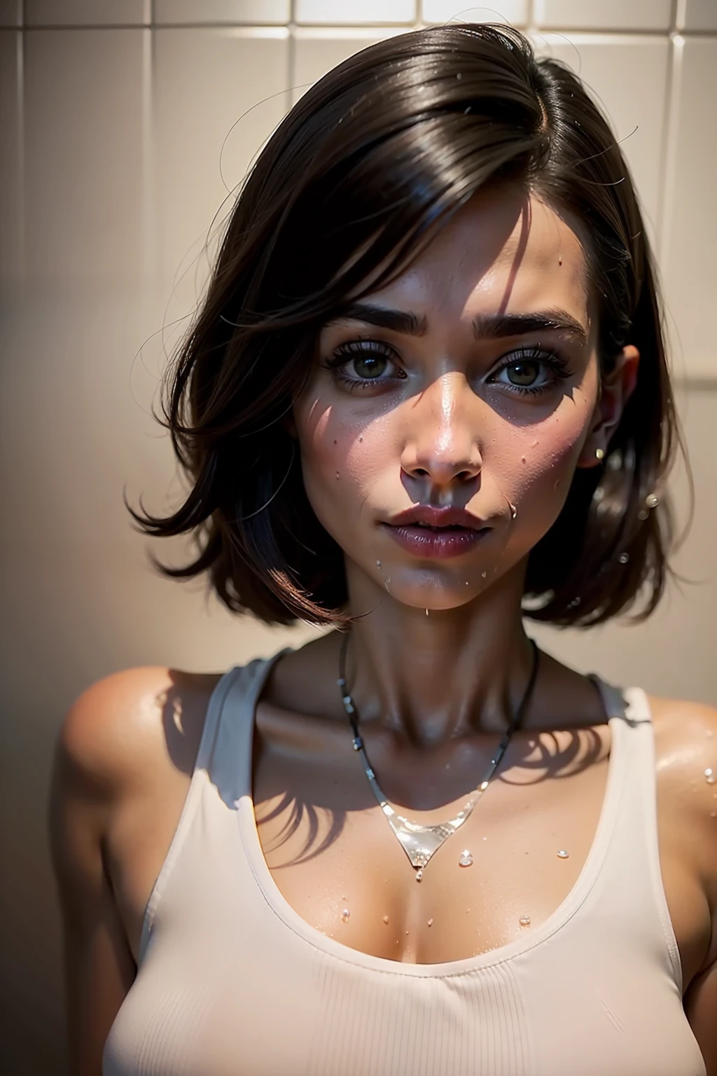 (Tamara Taylor stands in the shower from which a lot of water pours over her slender body), she is a very tall and slender woman, (short black hair as a bob hairstyle), (She is very wet), (small round breasts), (big brown eyes), ((small head)), ((She wears a long white fine rib shirt)), ((wet clothes)), (photorealistic:1.2), (best quality), (intricate details), 8K, (High Polyester), (ray tracing), (cinema lighting), (sharp focus), natural and realistic skin texture, ((camel toe))