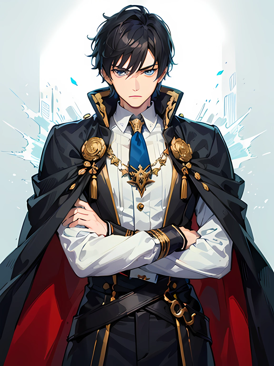 1 man, young man, noble outfit, cape, aristocrat, black short hair, bright blue eyes, pale skin, plain white background, waist up shot, arms down, serious face, detailed face, negative spaces on the side