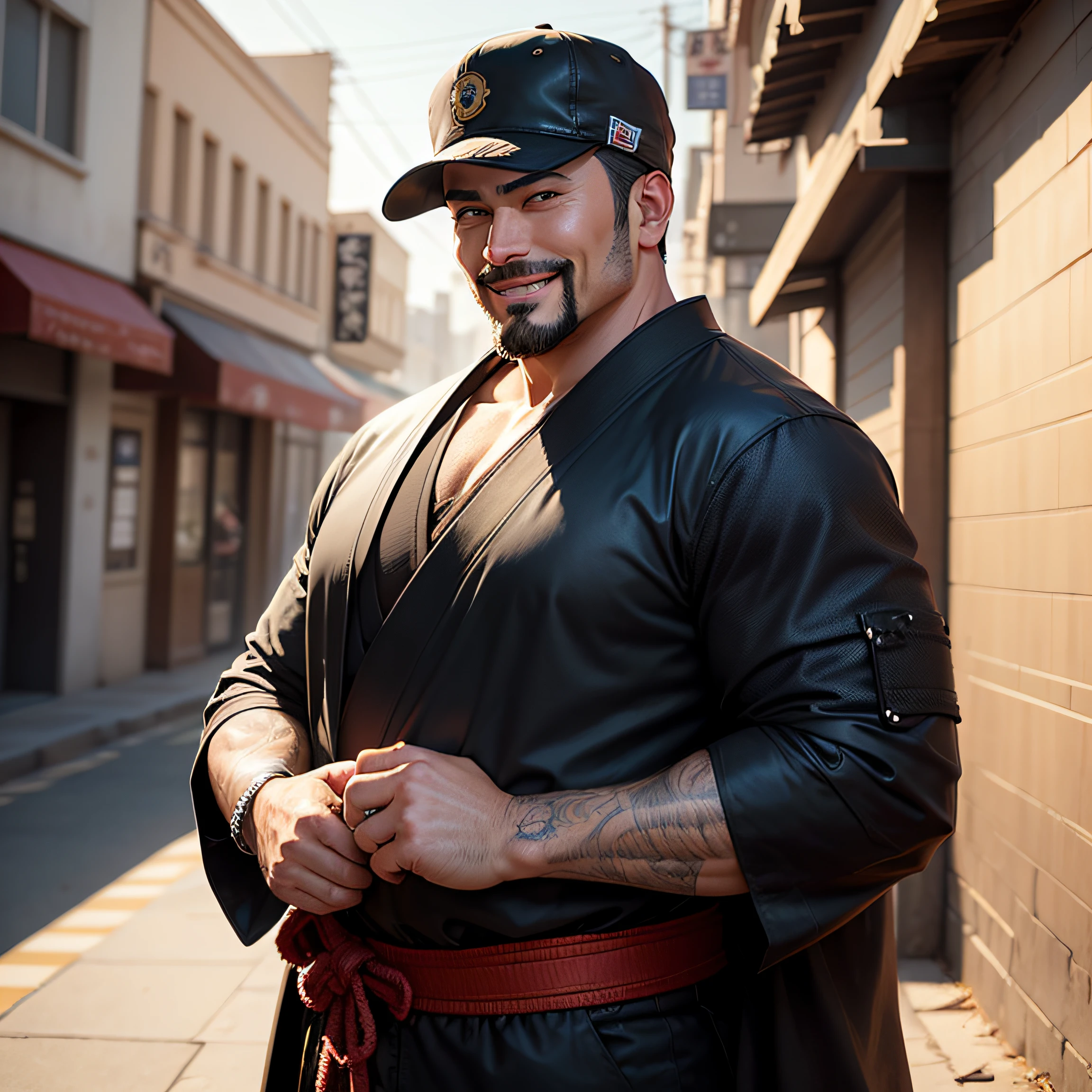 Modern samurai, Western eyes, 45 years old, has short hair, wears a backwards cap, wears a black beard, has a rounded face, slightly flattened nose, is always smiling, and owns a strip club club, GTA Character, cartoon --auto