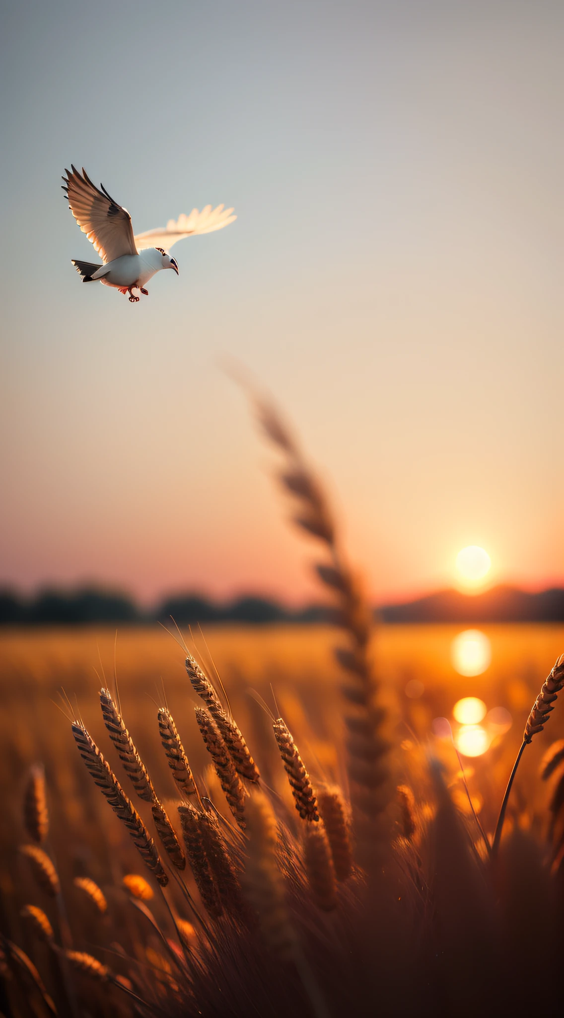 Best quality, masterpiece, high resolution, high resolution, 4k, 8k, bokeh, dusk, setting sun. The wheat was just ripe, the smoke was rising, and the white pigeon flew against the surface of the water, perched on a reed