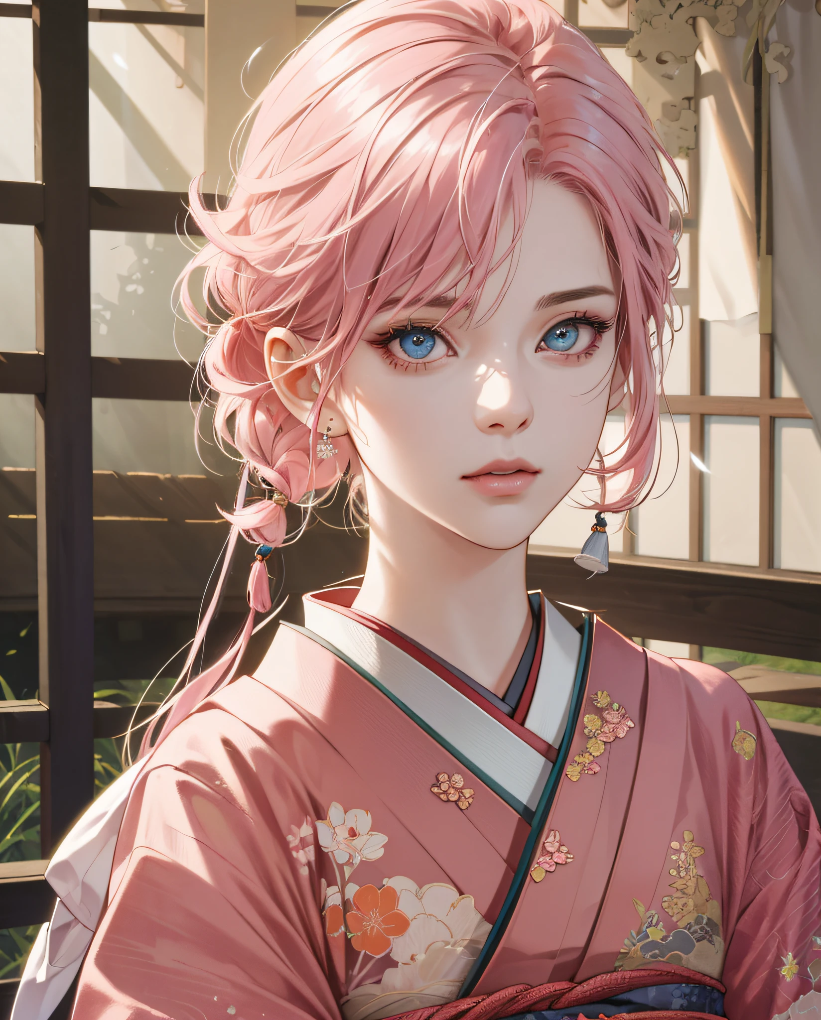 (Absurd, High Resolution, Super Detailed), 1girl, Mature Woman, Intricate Details, Magnified Textures, Intricate Details, Fine Eyes and Detailed Face, Intricate Details, Pink Hair, (Shut Up), (Perfect Eyes, Equal Eyes), ((Japanese Clothes)), Ultra Realistic, Realistic Photos, Very Detailed 3D