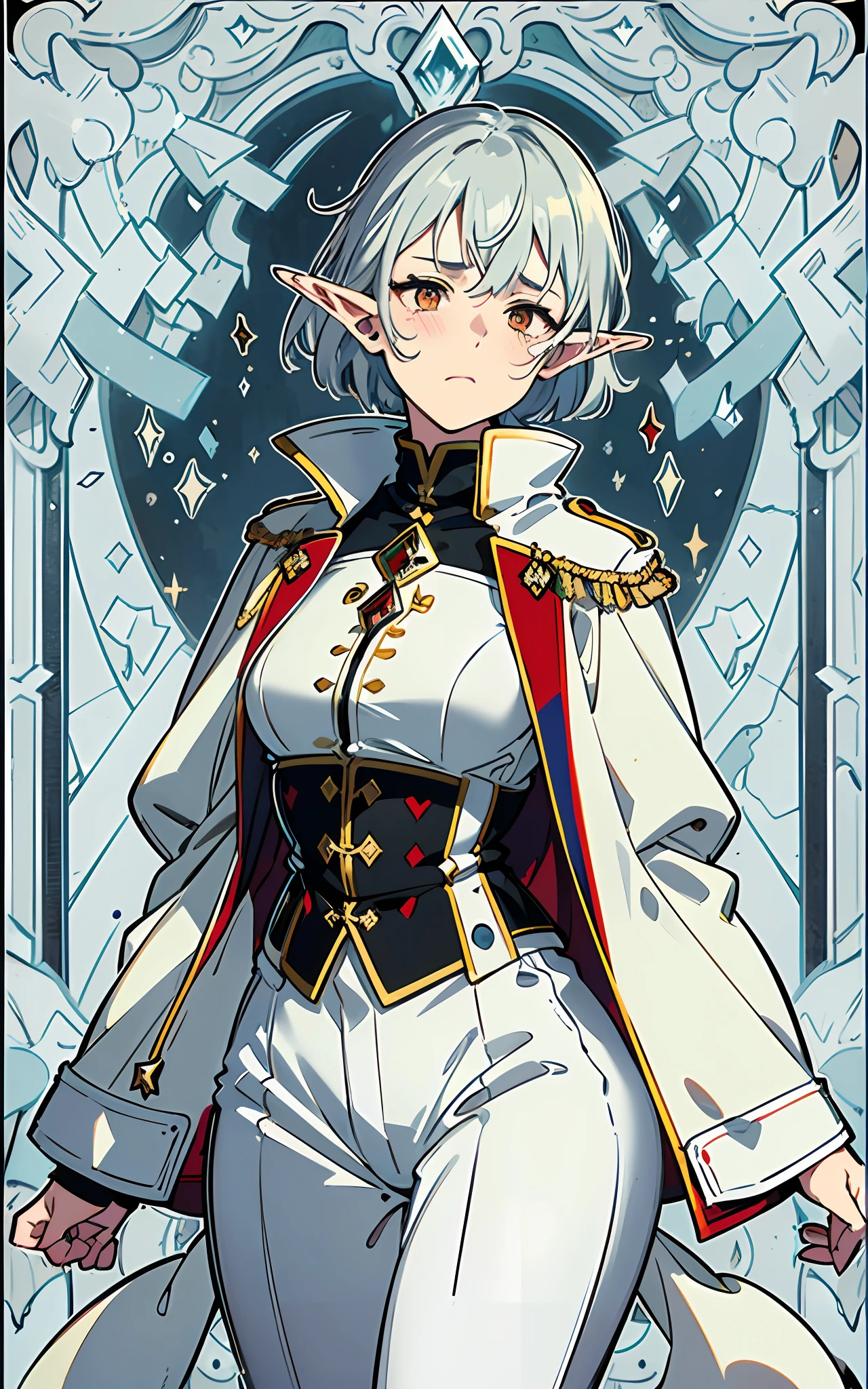 (full body shot:1.3), darkest_diffusion, (girl, 1 beautiful face, adult, (tired, sad),skinny, fragile, thin, medium breasts:1.4),(grey hair, bob cut, ((fine facial features)),),(white outfit, red accents, assasin coat, military coat, boots, fantasy pants, adventurer outfit:1.3),(yellow eyes:1.2),(using dark magic:1.4),(absurdres, highres, ultra detailed), (elf:1.3), finely detailed eyes and detailed face, the fool \tarot\, bard, clown, Symbolism, Visual art, Occult, Universal, Vision casting, Philosophical, Iconography, Numerology, Popularity, Artistic, Alfons Mucha