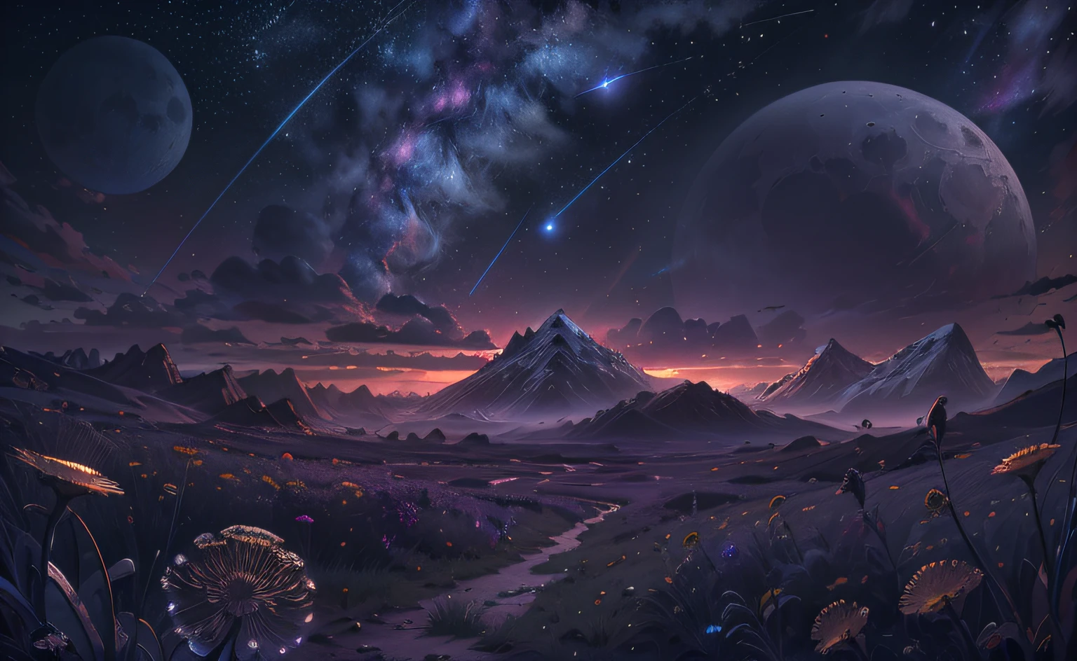 (Absurd, Cinematic, UHD, tallest, ultra detailed, ultra detailed), dark purple sky, nebula in the sky, last 5 in the sky, big moon in the sky, shooting star, dandelion field, mountain, oil painting, detailed dandelion field, detailed sky, sunset, unreal engine 4k wallpaper