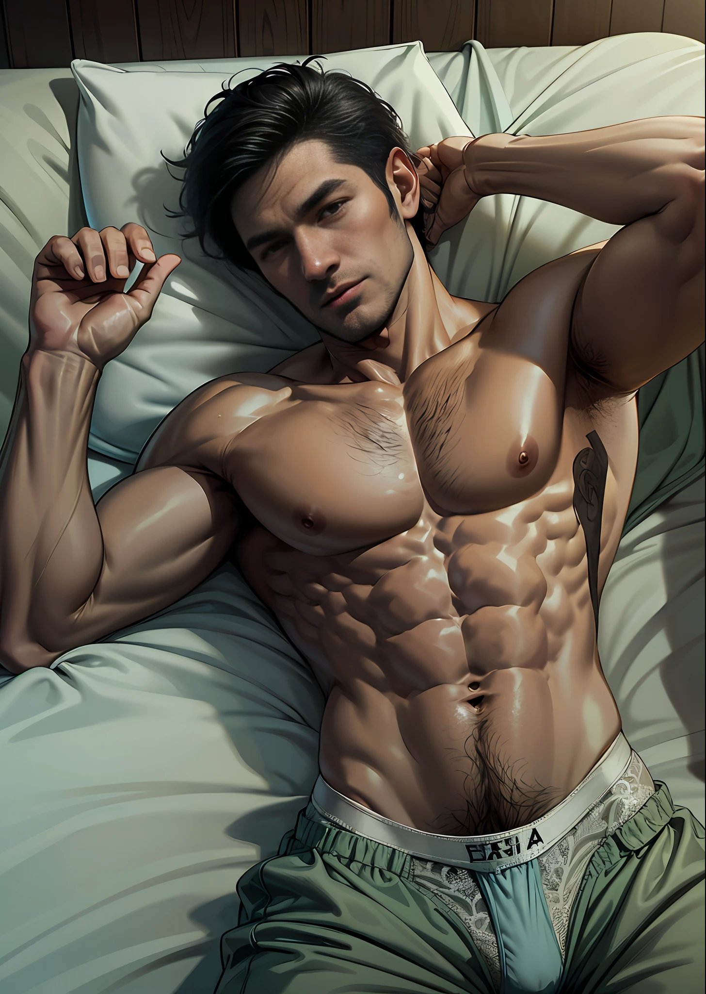 (Indonesian guy),(hairy chest),(facial hair),(Handsome:1.1)(man),(underwear:1.3),(shirtless;1.1),(laying in bed),(top view)(Expression of ecstasy/orgasmic), (high resolution,overwhelmingly pixel-perfect,luxurious illustration), (Ultra Quality, Masterpiece, Ethereal:1.4)(massive Erect outline Bulge in pants)